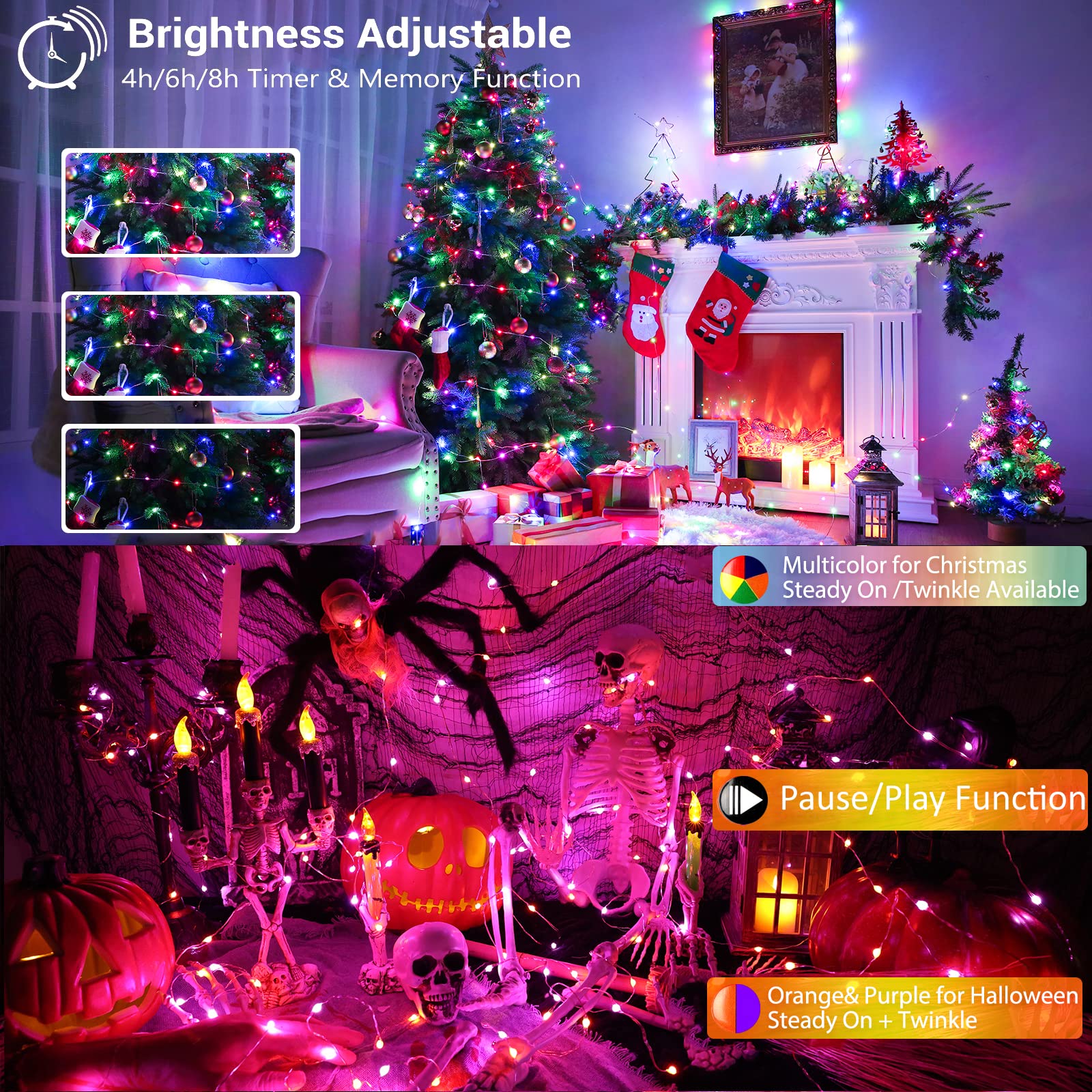 BrizLabs Fairy String Lights, 200 LED Color Changing, 66ft with Remote, 2 Pack, Green for Christmas, Halloween, Party Decor