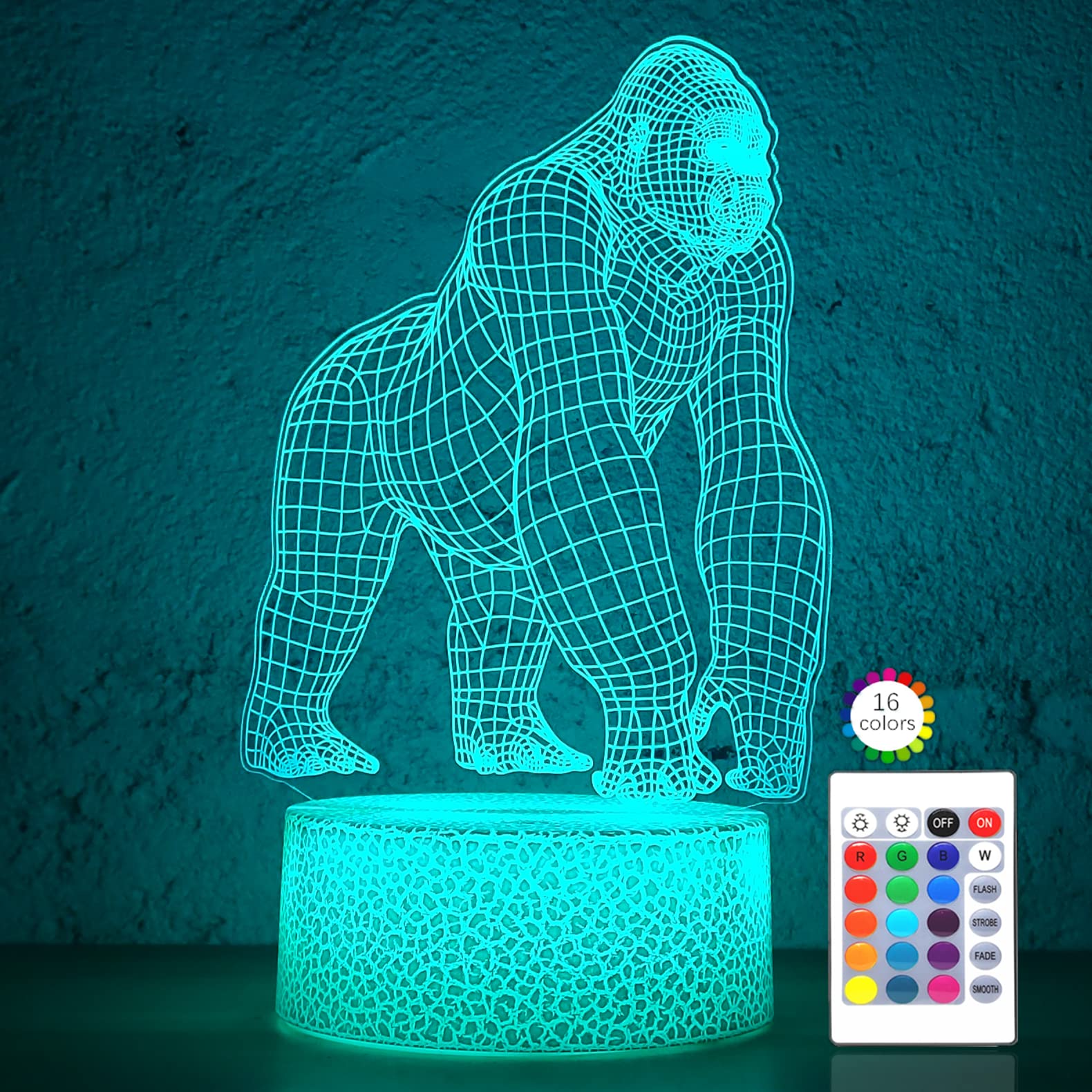 i-CHONY Gorilla 3D Illusion Night Light 16 Colors Changing Desk Table Lamp with Remote Control & Smart Touch - Home Decoration LED Light - Birthday Gifts for Kids Boys Girls Teens Adults