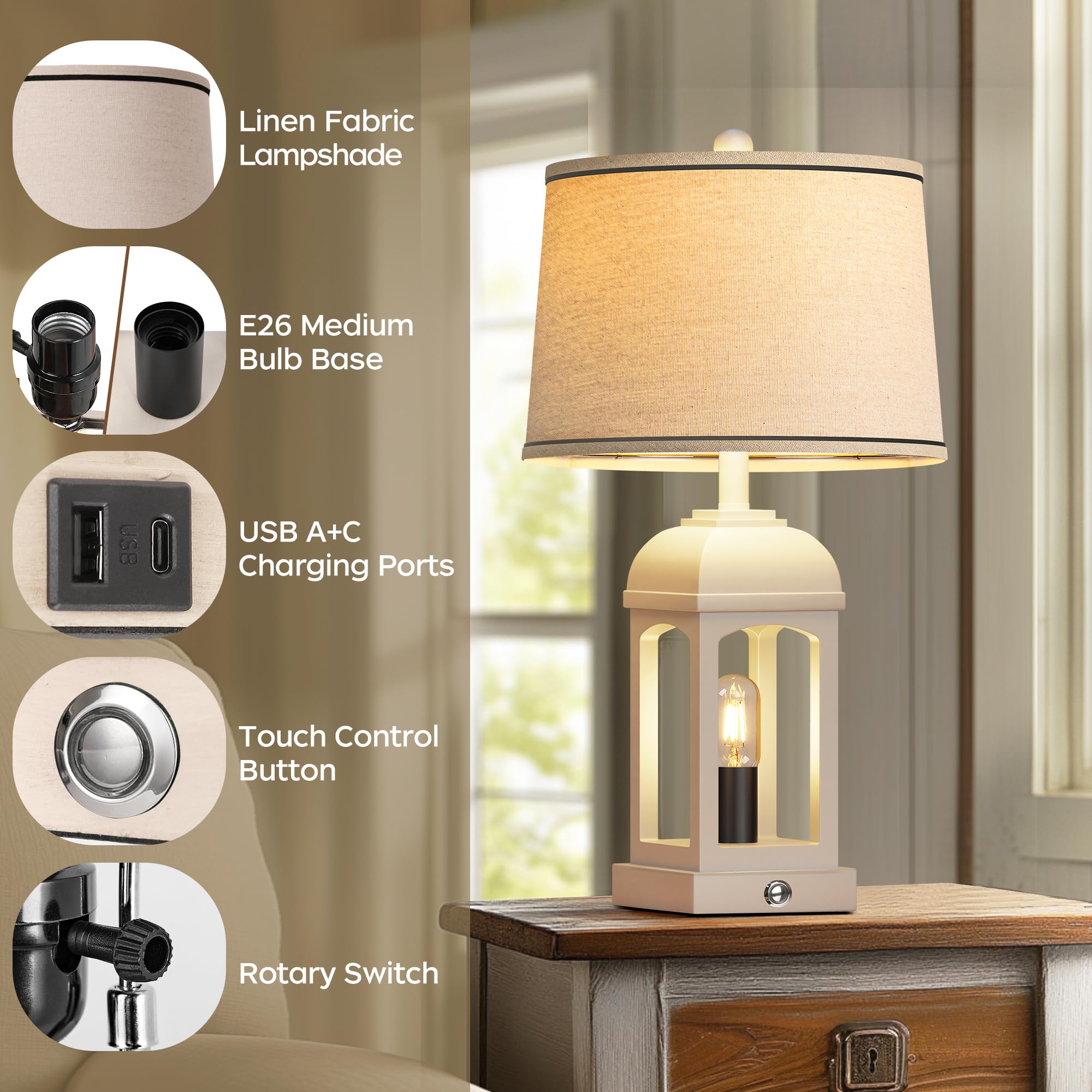 QiMH Table Lamp Set of 2, Rustic 26in White Nightstand Lamps with USB A+C, 3-Way Dimmable Touch Control