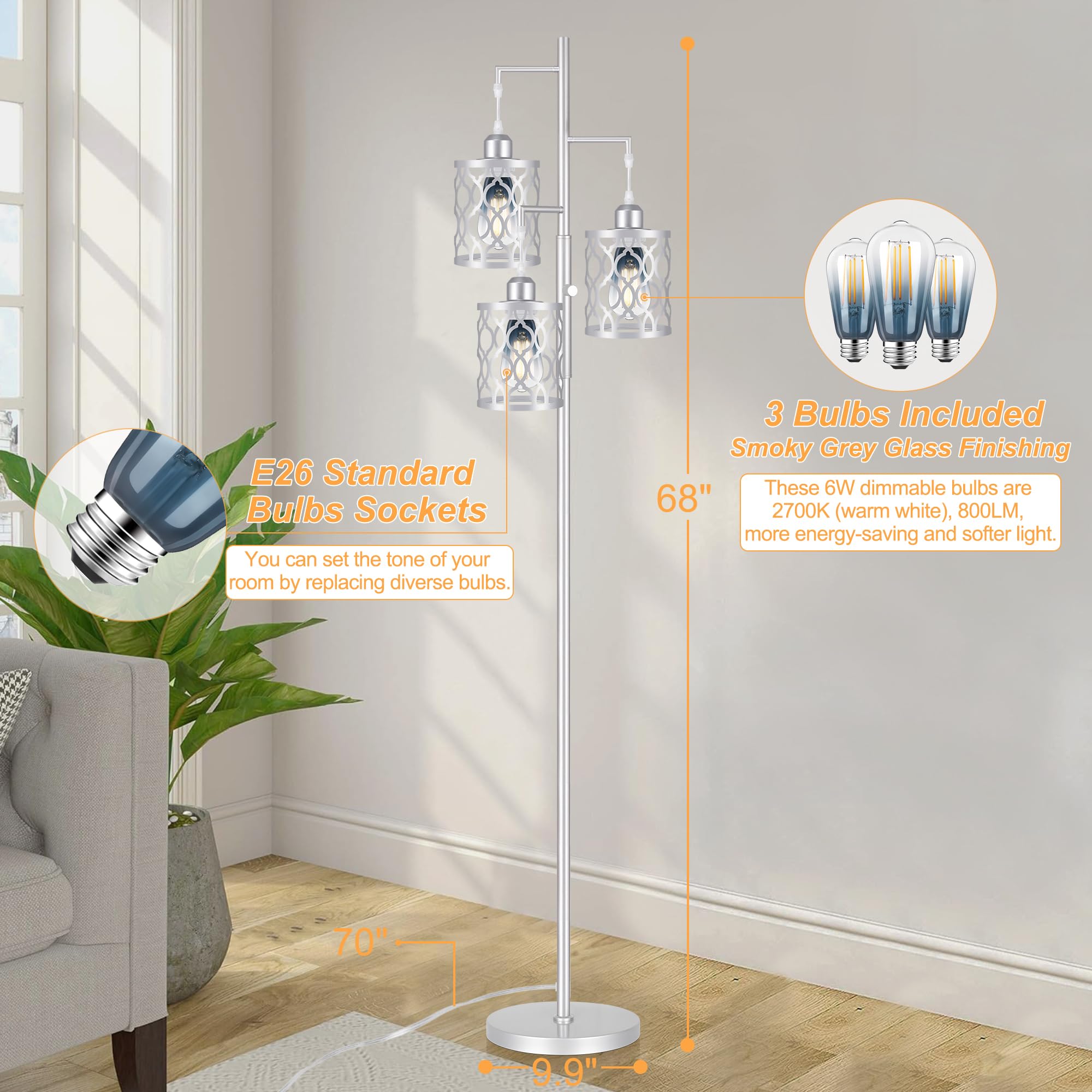 68'' Farmhouse Floor Lamp, Dimmable Industrial Floor Lamps For Living Room, 3 Light Rustic Standing Tall Lamp Including 3 Pcs 6W