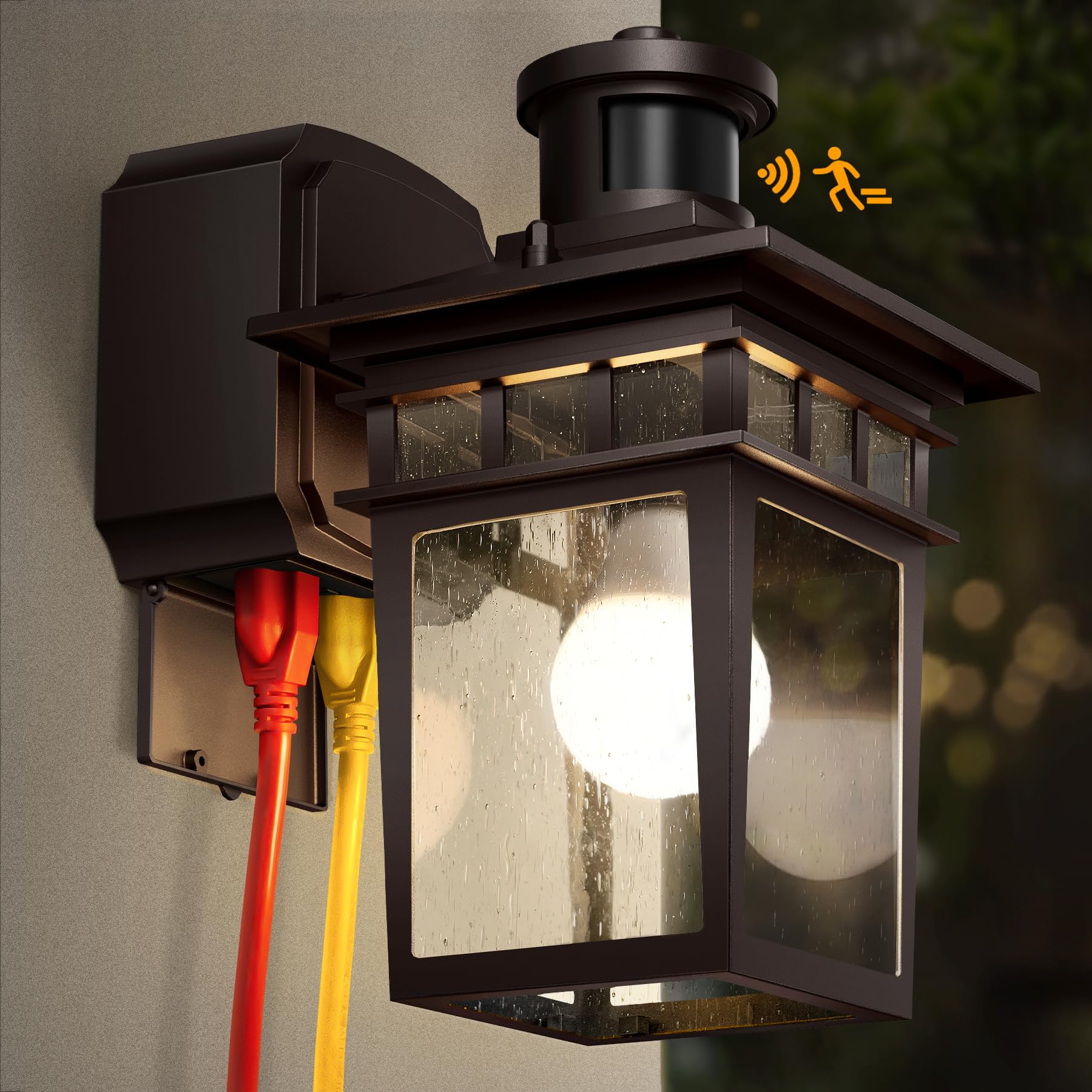 APOTO Porch Light with GFCI Outlet, Bronze Dusk to Dawn Motion Sensor Outdoor Lights, 3-Mode Wall Exterior Lighting Fixture, Wat