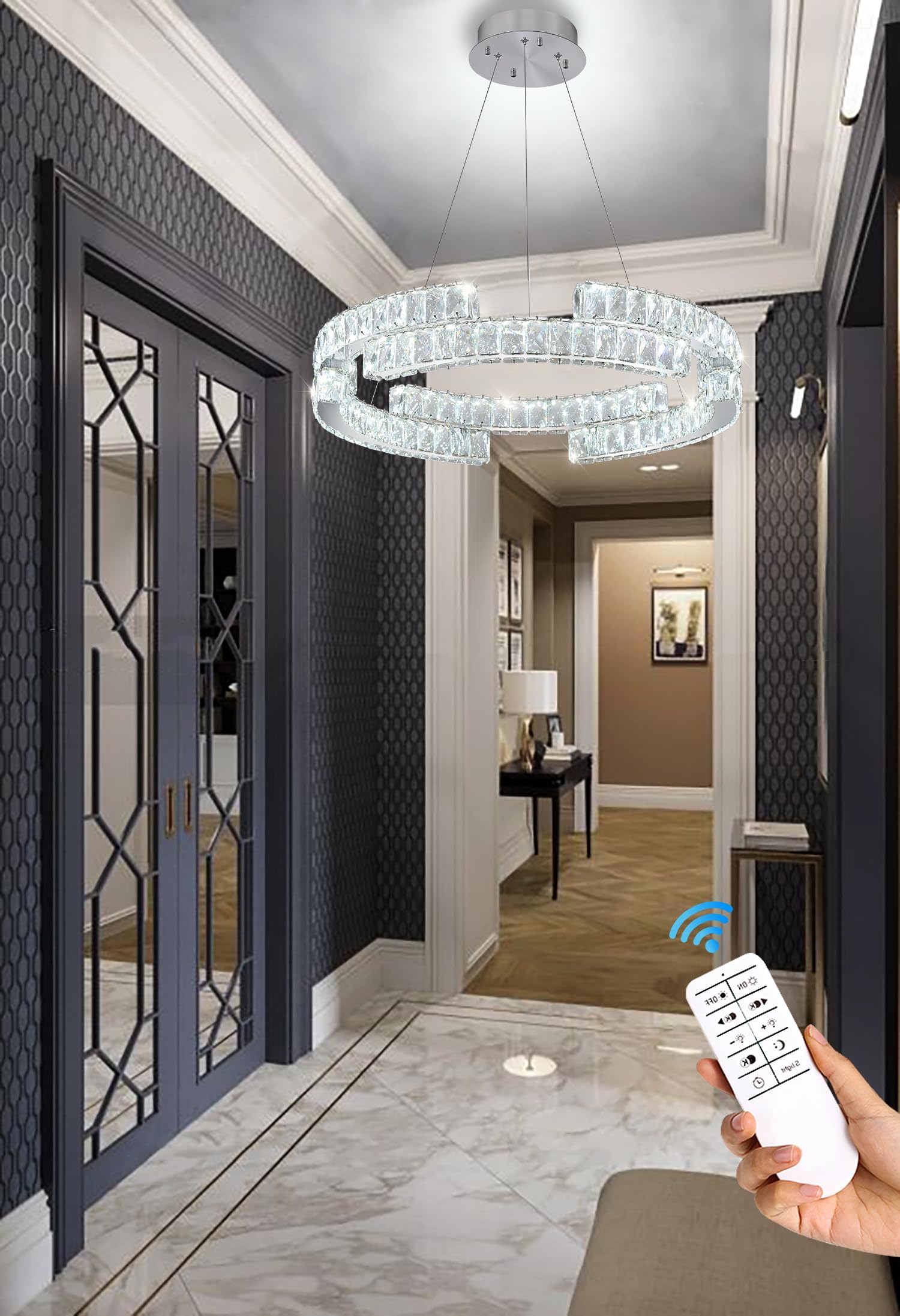 IDEQUY D16" Crystal Ring Chandelier, Dimmable 3000k-6000k, Silver Stainless Steel, Model CF8014-40Y, for Living & Dining Rooms