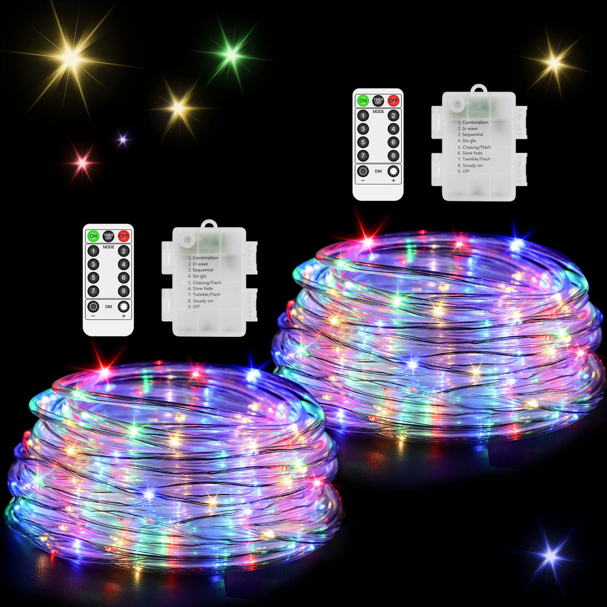 Chargeable Rope Light 2 Pack Battery Operated Rope Lights ,Total 120LED Christmas Battery ...