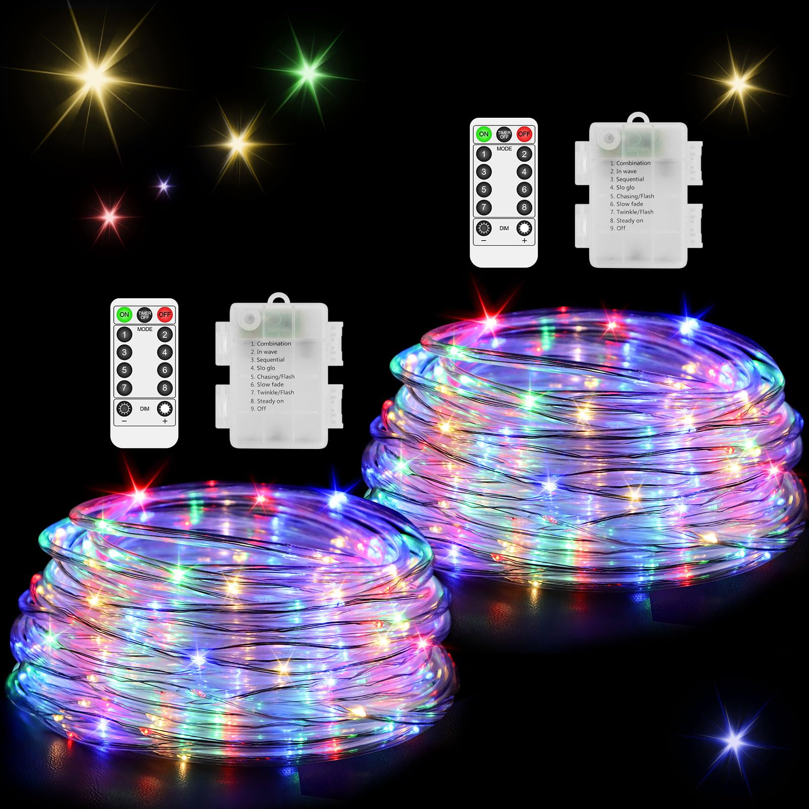 2 Pack Battery Operated Rope Lights ,Total 120LED Christmas Battery Powered String Lights Indoor Outdoor,8 Modes Waterproof Fairy Rope Lights with Timer for Bedroom Christmas Tree Patio (Multicolor)