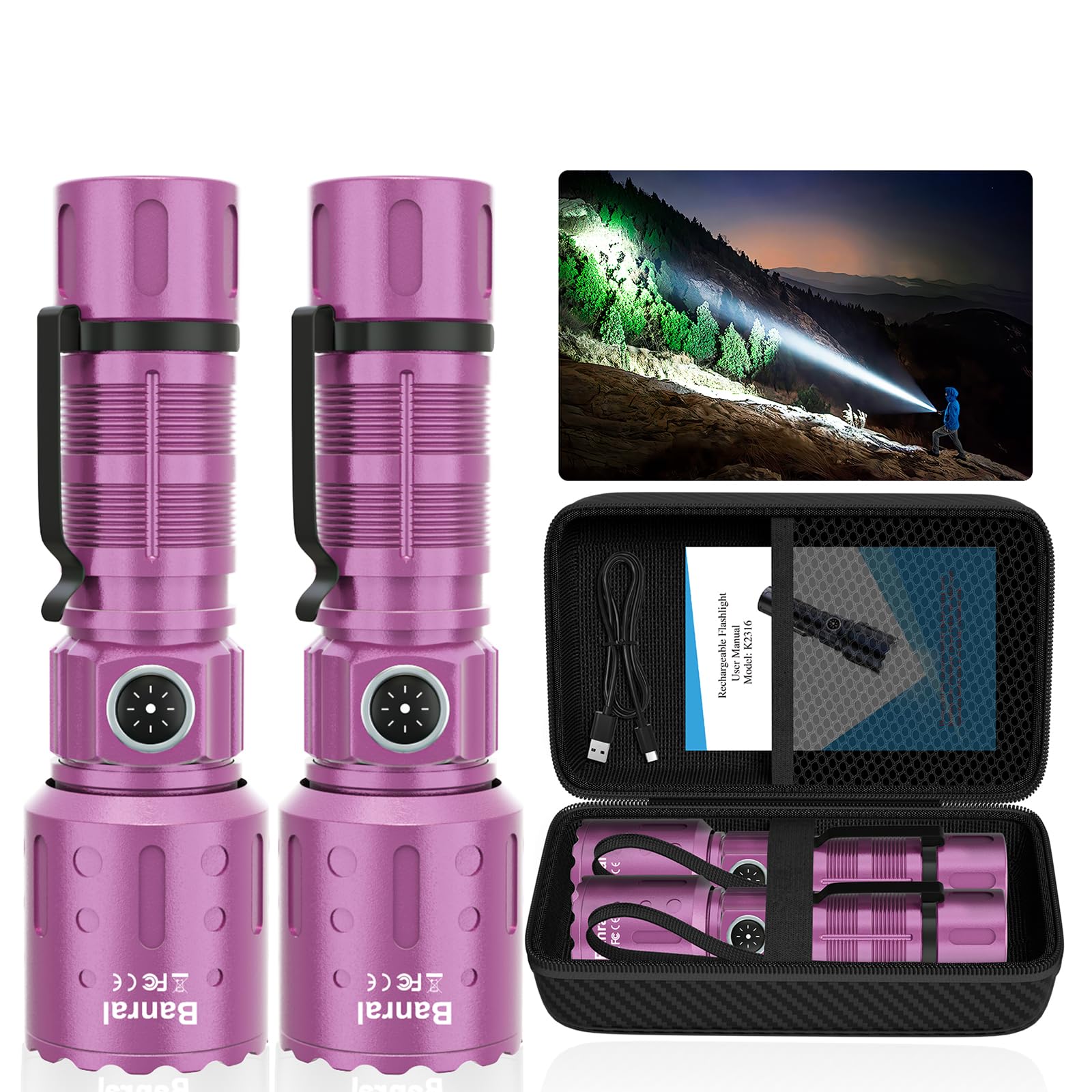 Banral High Lumens Rechargeable Flashlight, 6 Modes, Waterproof, Small, Purple, Model K-2316-B