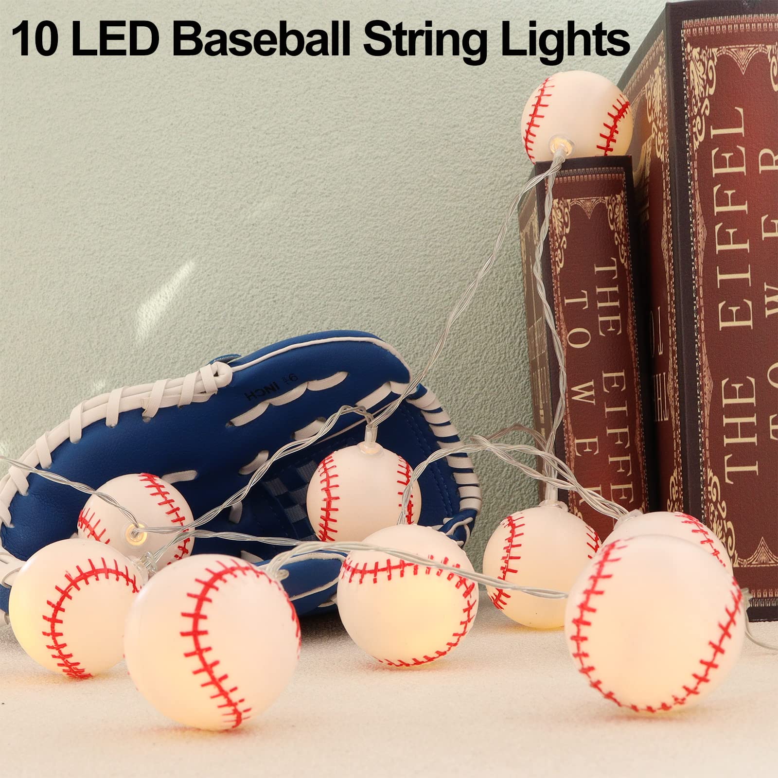 Yayfazy Baseball String Lights, 6.5Ft Timer, 10 Led Warm White, Battery Operated Decor For Kids Room & Sports Parties, Model Bs001