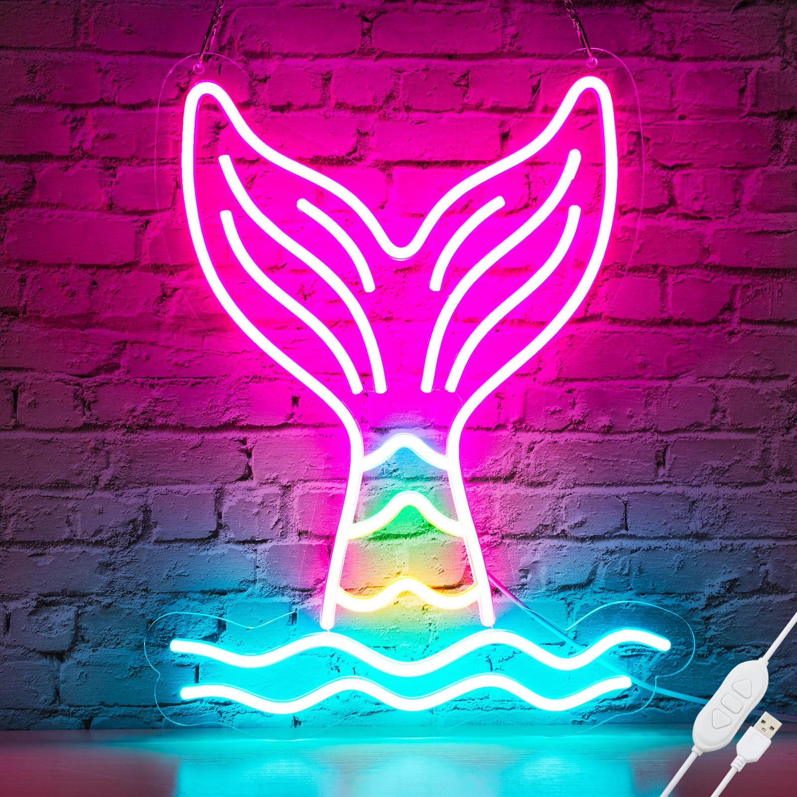 Basaneon Mermaid Tail Neon Sign, Dimmable LED Wall Decor, USB Powered, 15.7x12.6 inches, C-Mermaid Tail, Model ZF-Mermaid Tail