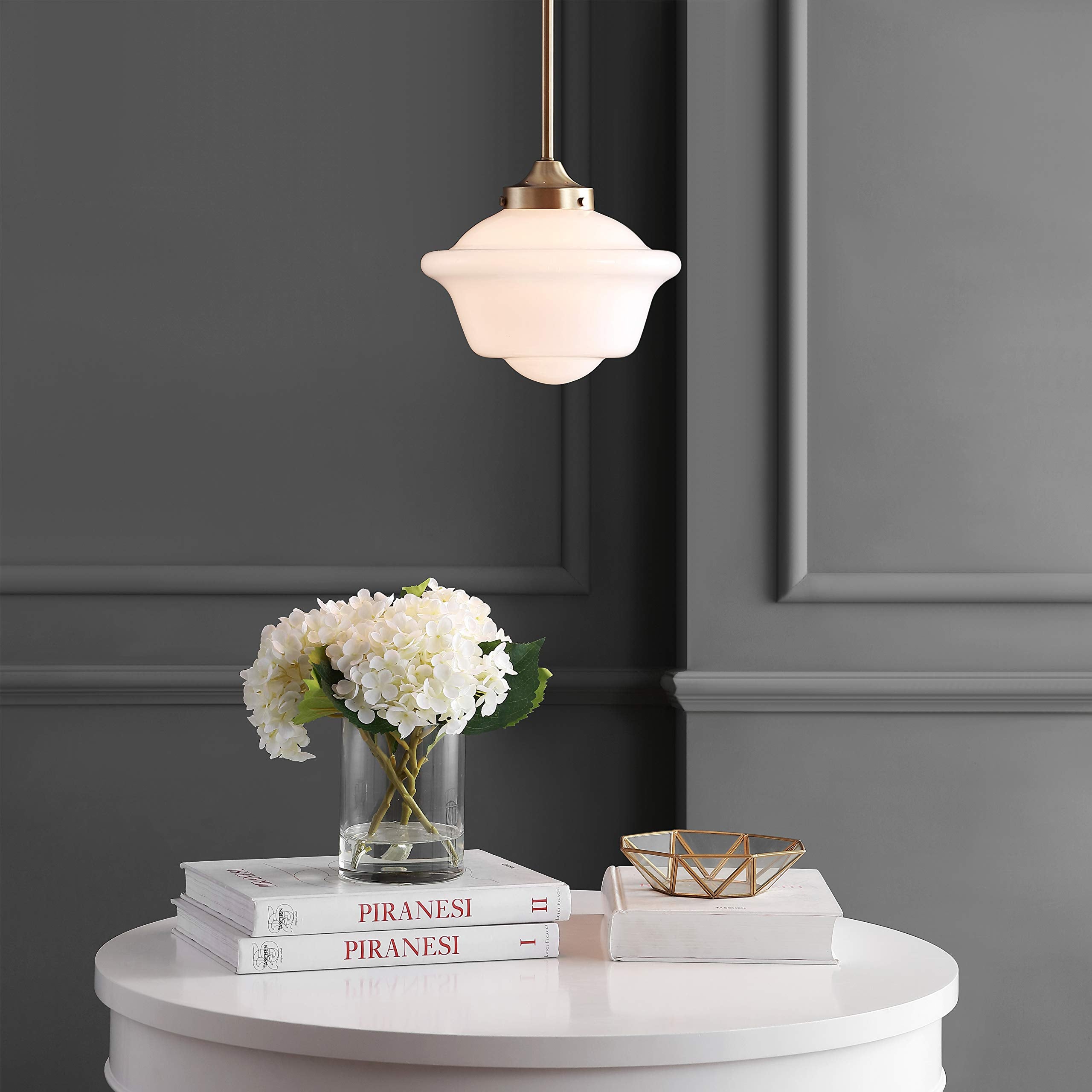 Jonathan Y Jyl3517A Kurtz 9.5&quot; Adjustable Drop Metal/Glass Led Pendant Contemporary Transitional Dimmable Dining Room Living Room Kitchen Foyer Bedroom Hallway, Brass Gold/White