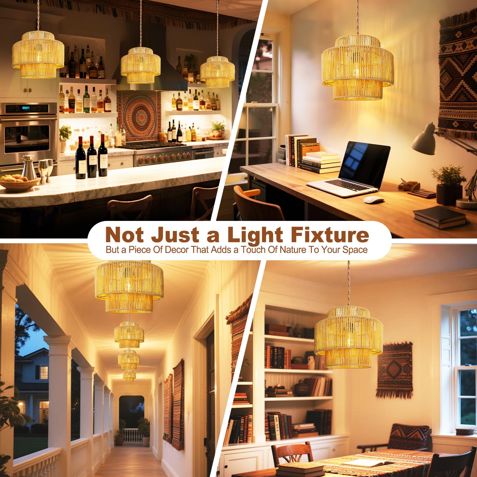 Maliralt Rattan Pendant Light - 12" Lantern Shade, Jute Rope, 16.4ft Plug-In Cord with On/Off Switch for Bedroom & Living Room