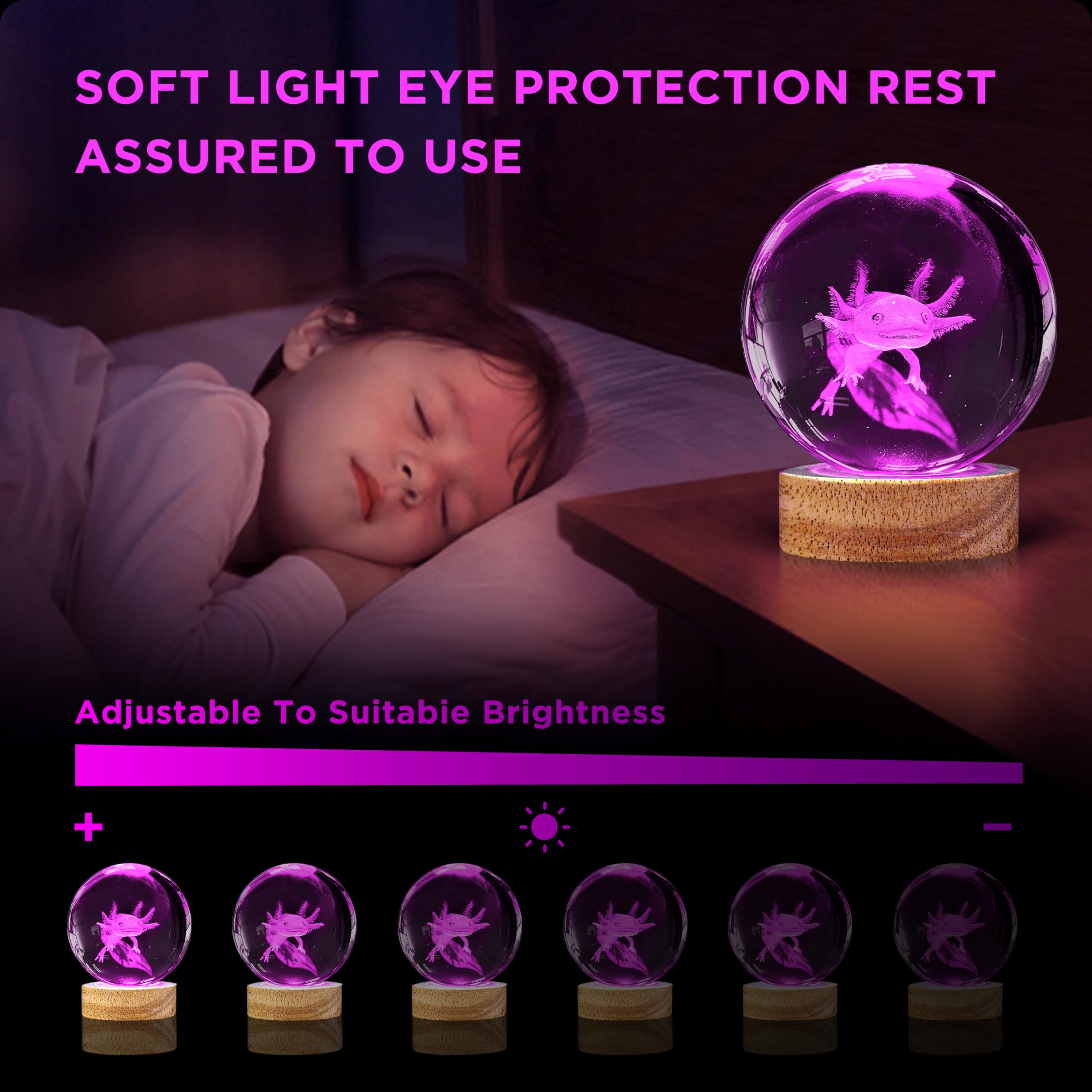 3D Axolotl Crystal Ball Night Light 3.15 Inch Axolotl Glass Ball Lamp With 16 Color Changing Wooden Base And Remote Axolotl Ideal Gifts For Kids Friends Birthday Christmas Room Decor Axolotl Toys