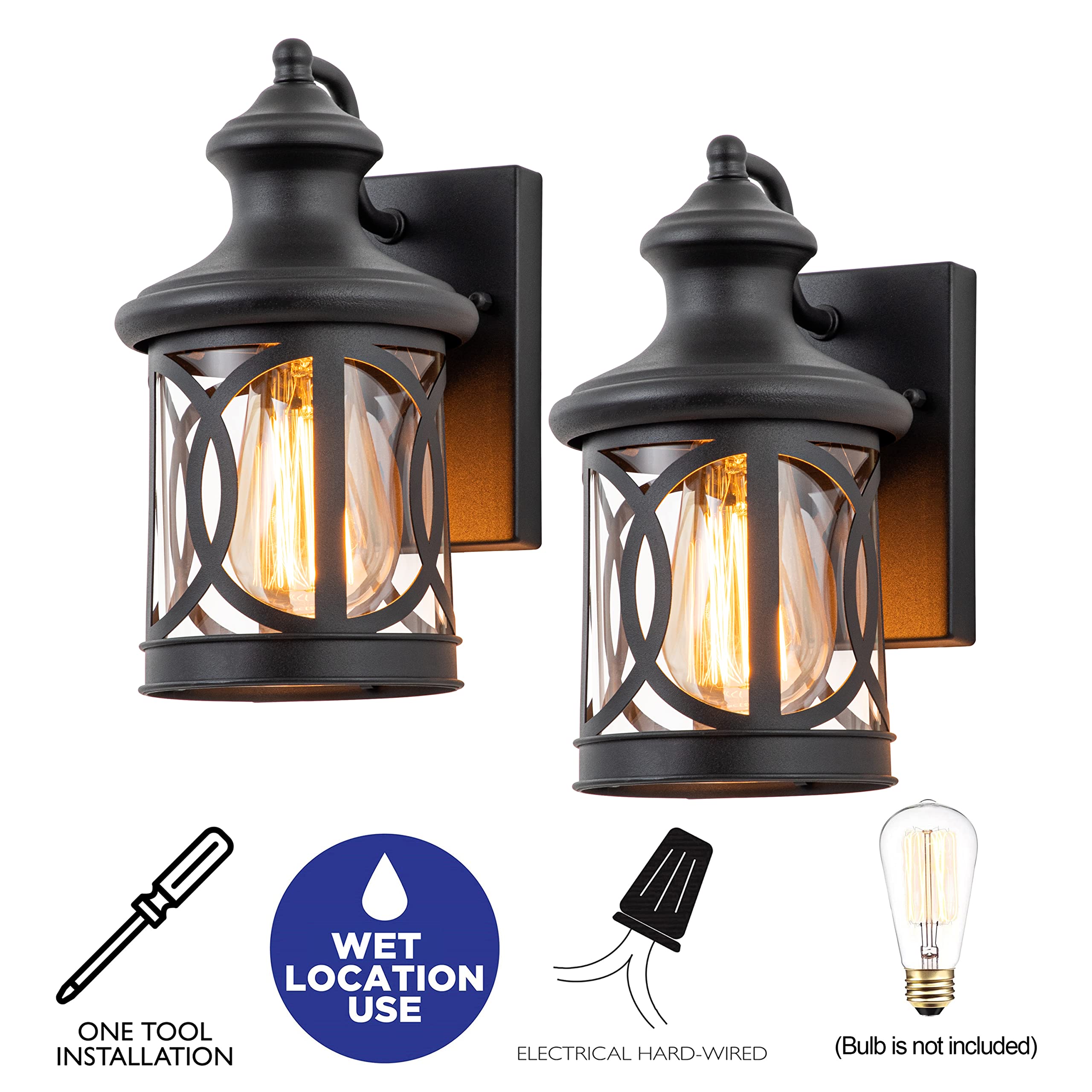 Laplusbelle Outdoor Wall Lights 2-Pack, Waterproof Sconce, 12in, Matte Black, Clear Glass Shade, Model CA2309-2MW