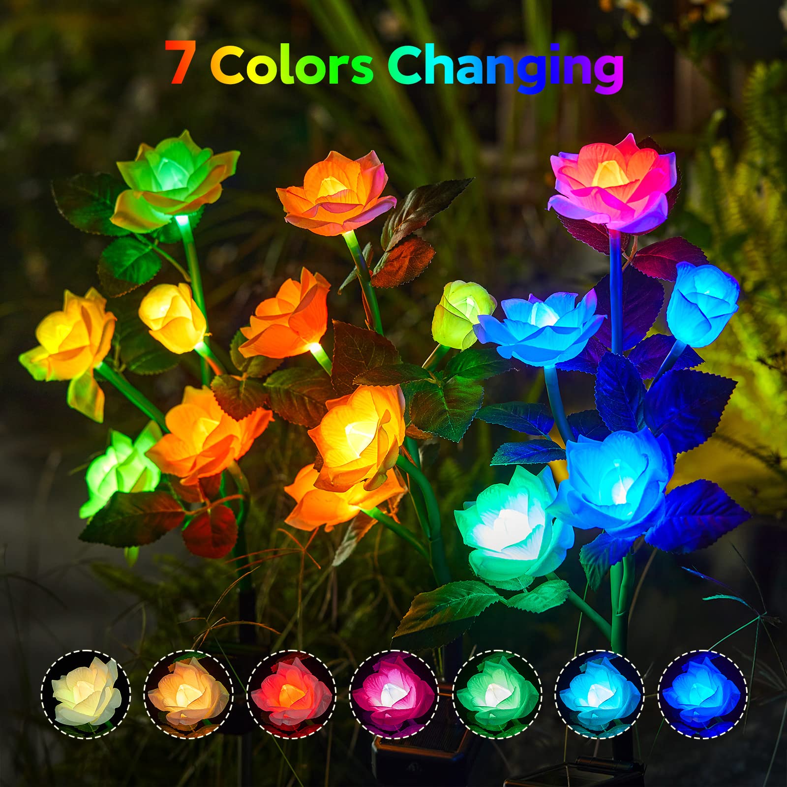 Rechoo Solar Garden Lights Outdoor Decorative, 3 Pack Solar Flower Lights With 15 Rose Flowers, Multi-Color Changing Led Waterpr