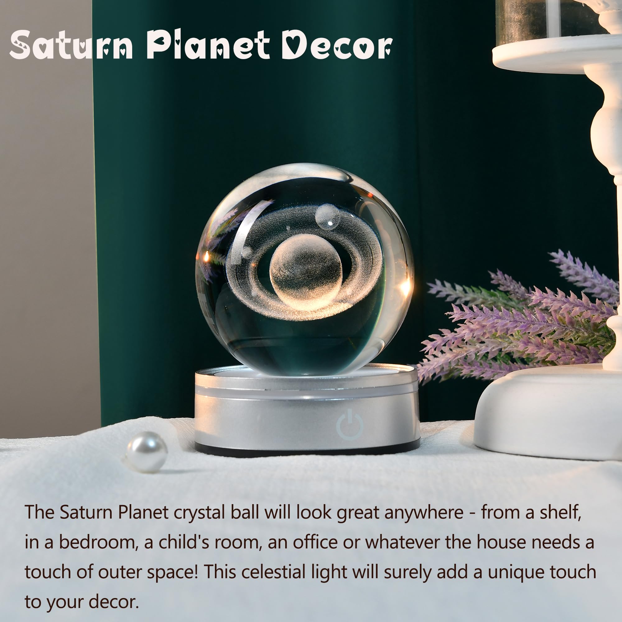 Ifolaina 3D Saturn Crystal Ball Lamp Space Themed Gifts Engraved Glass Planet Sphere Decor Gifts Crystal Saturn Model Light Astr