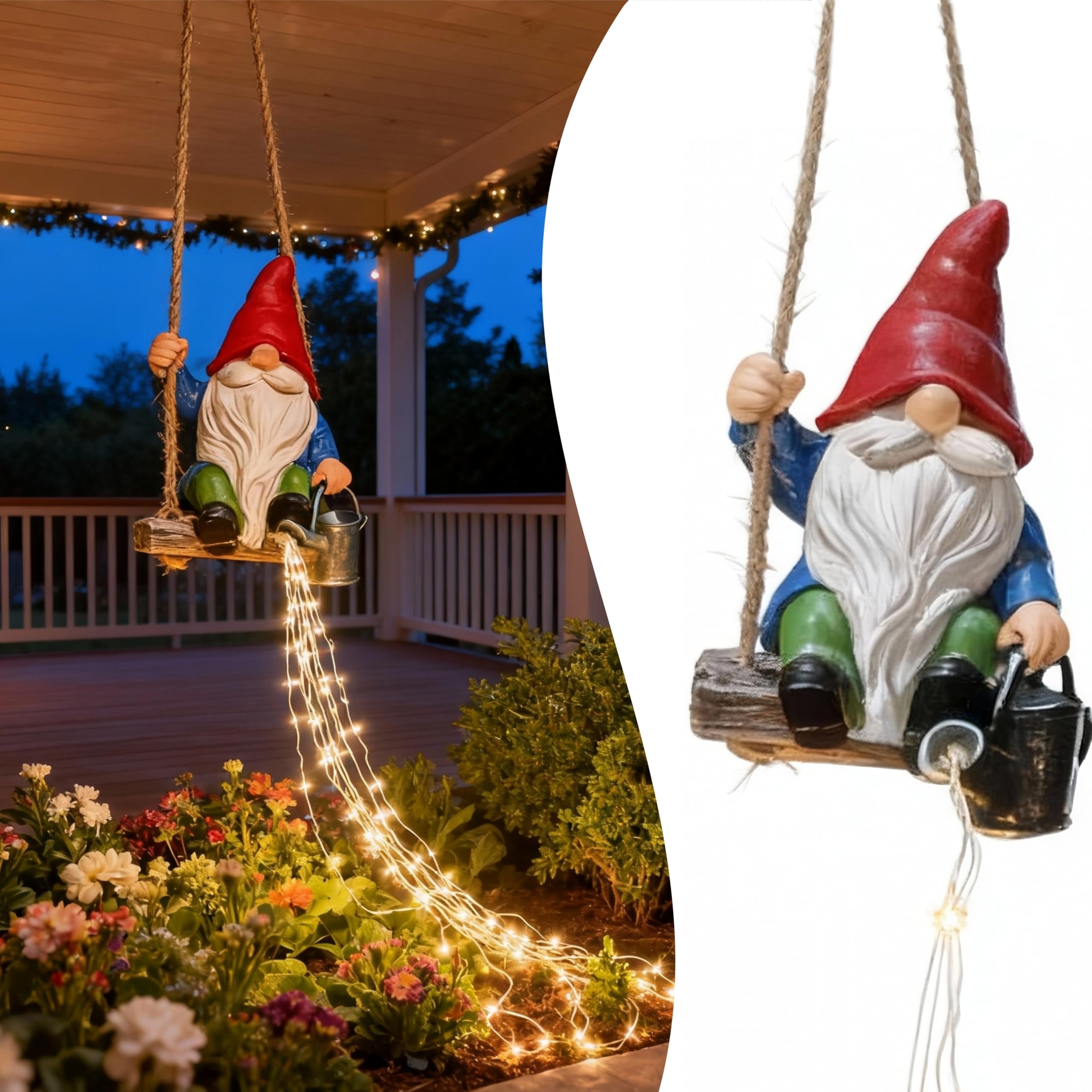 QCF Watering Can Solar Lights Garden Gnomes Hanging Statues, Swing Gnome Cascading LED Decorations for Outside Backyard Yard Pat
