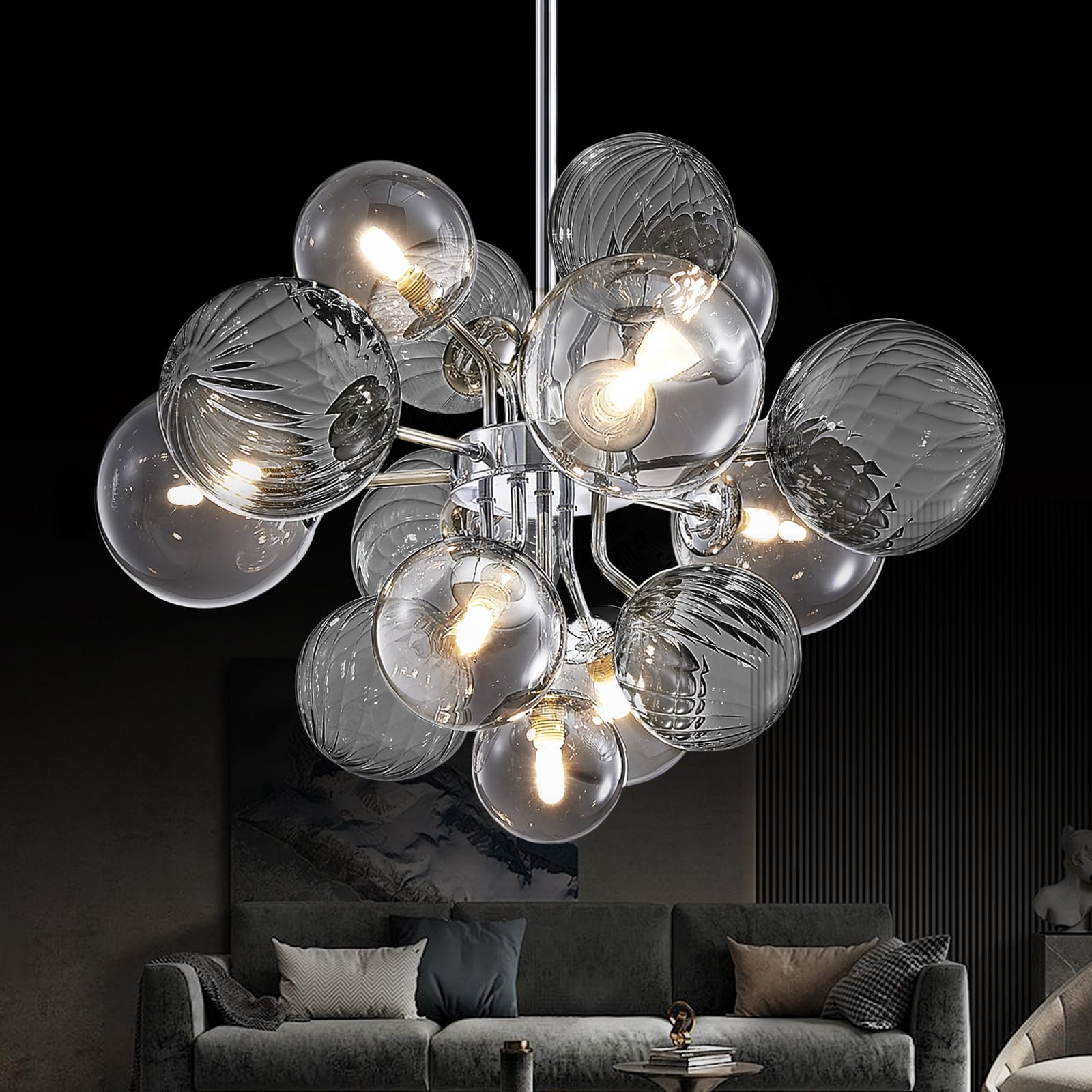 APLampara Mid Century Modern Chandelier 13-Light Sputnik Gold Pendant Lighting Fixture with Amber Shade for Dining Room, Kitchen