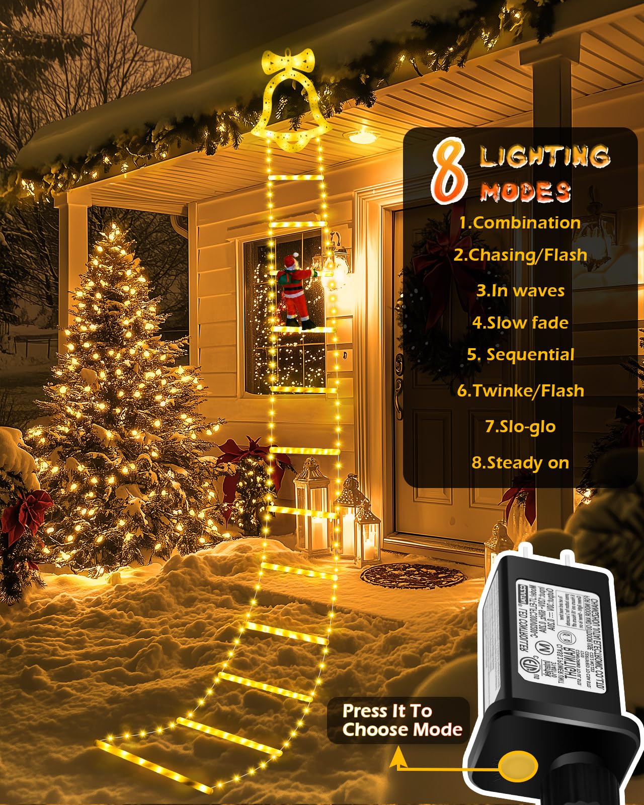 Christmas Decorations Led Ladder Lights, 10Ft Decorative Light With Climbing Santa Claus, 8 Modes Xmas Giant Lights For Tree Ind