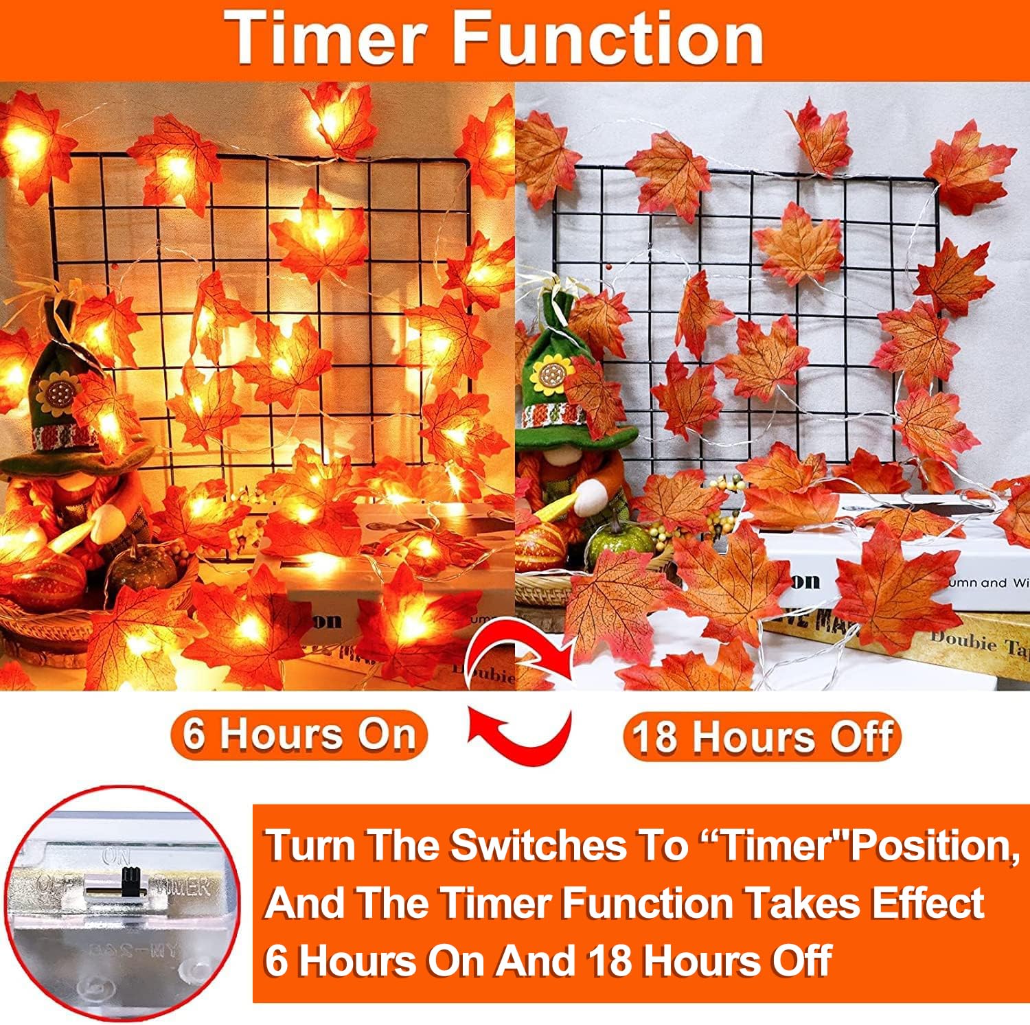 TURNMEON 30Ft Fall Garland with 60 LED Lights, Orange Silk Leaves, Battery Operated Thanksgiving Decor for Indoor/Outdoor Use