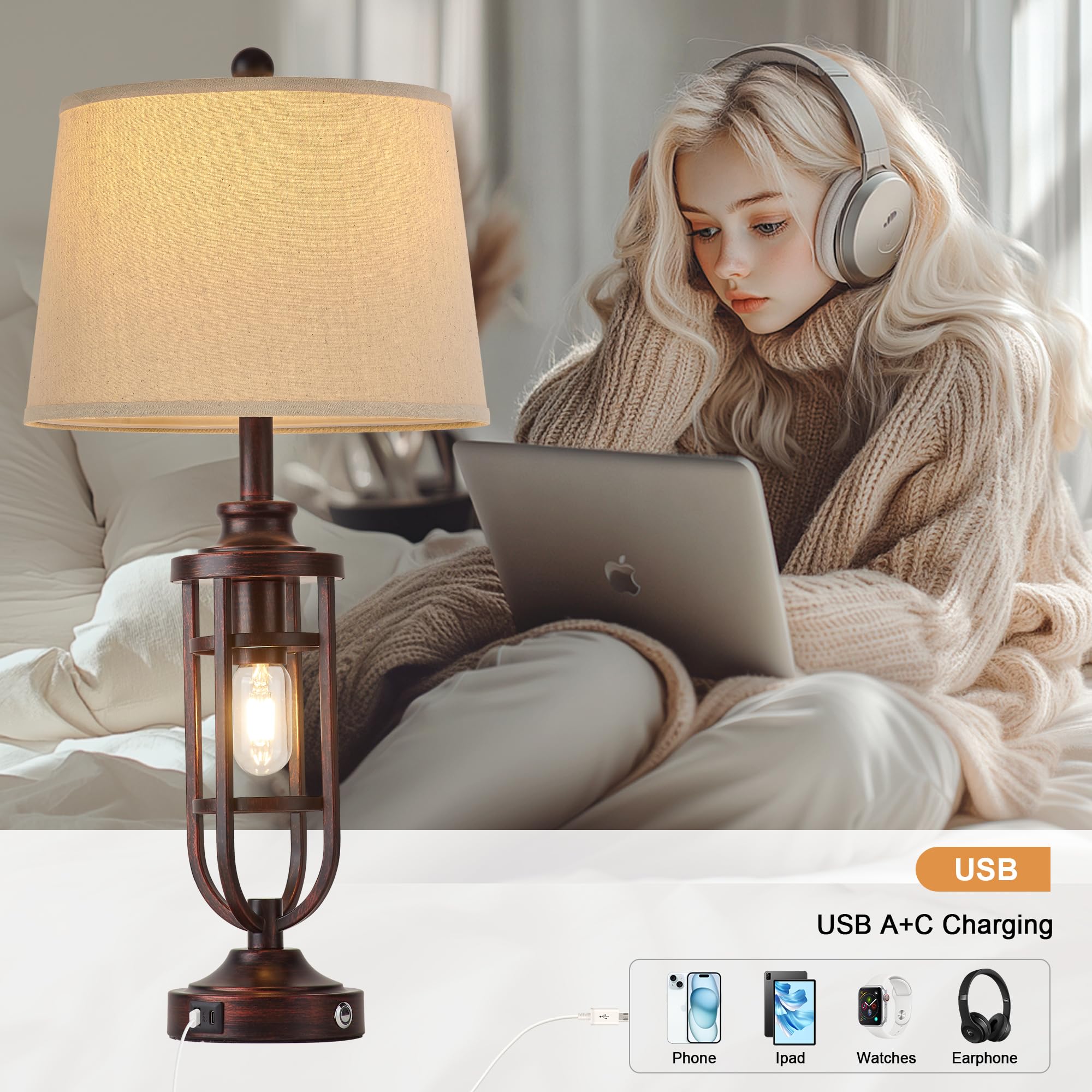 Srjjrs 28'' Table Lamps For Living Room Set Of 2, Farmhouse Bedroom Lamps For Nightstand With Usb A+C, Rustic Bedside Lamps For