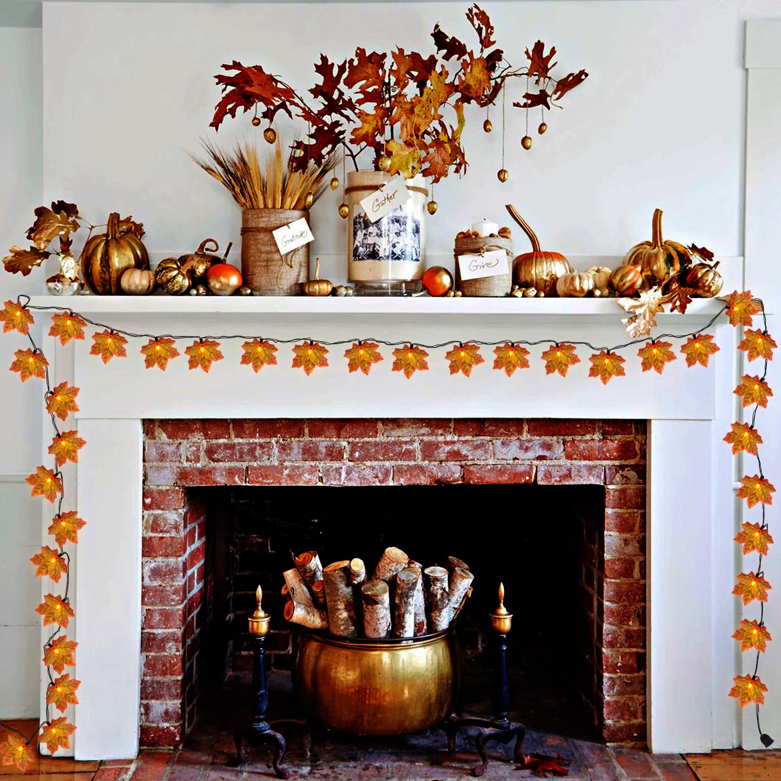 SUNSGNE Fall Lights Thanksgiving String Lights, 13.6FT 35LED Orange Leaf Lights Plug-in Fall String Lights for Thanksgiving Frie