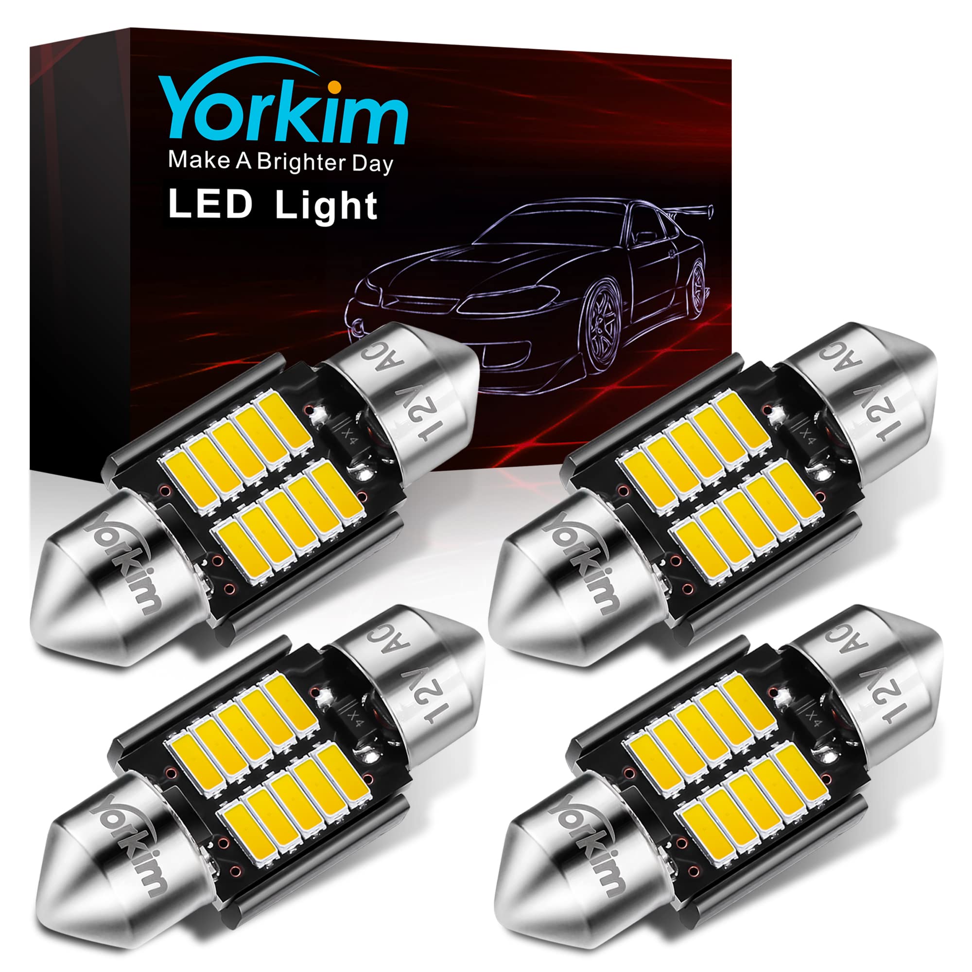 Yorkim DE3022 LED Bulb, 31mm Festoon, White, 10-SMD 4014 Chipsets, Aluminum, Pack of 4