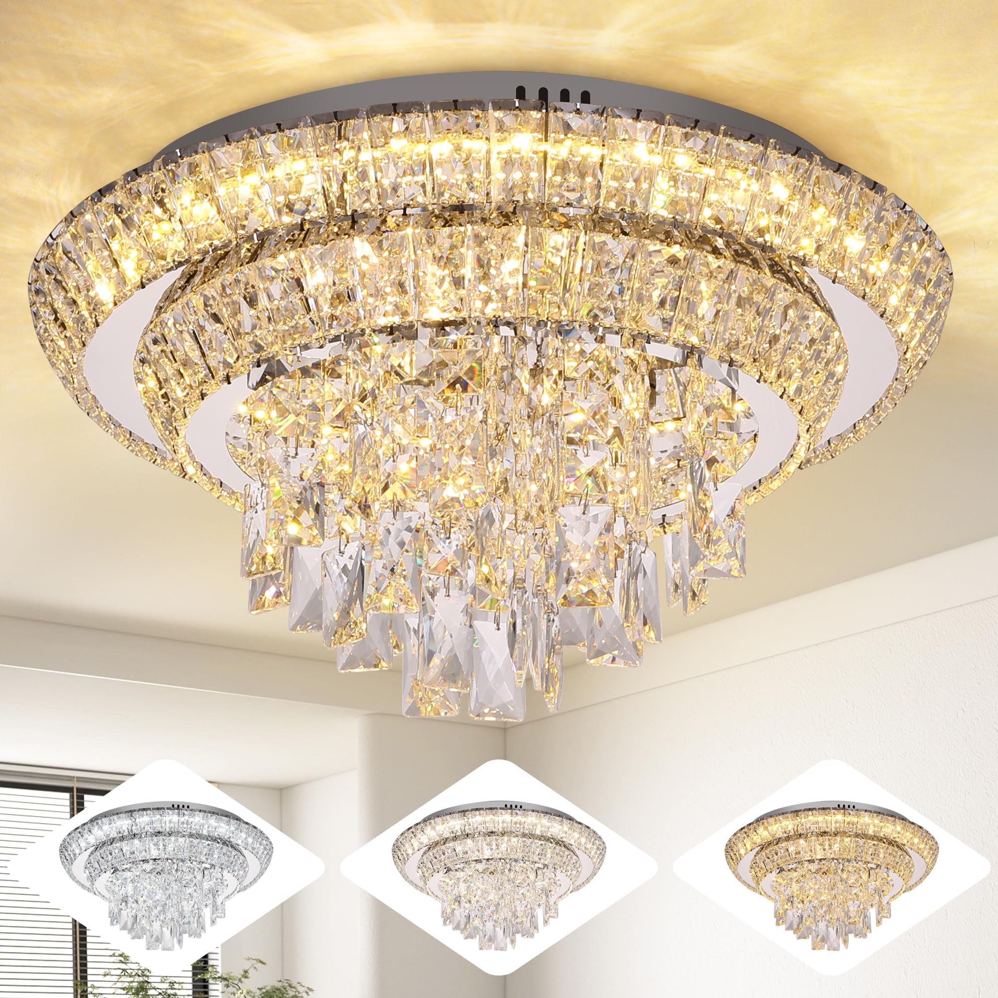 Redstar 18'' Crystal Ceiling-Light Flush Mount With Remote Control, Colors Temp & Brightness Adjustable, Modern Crystal Raindrop