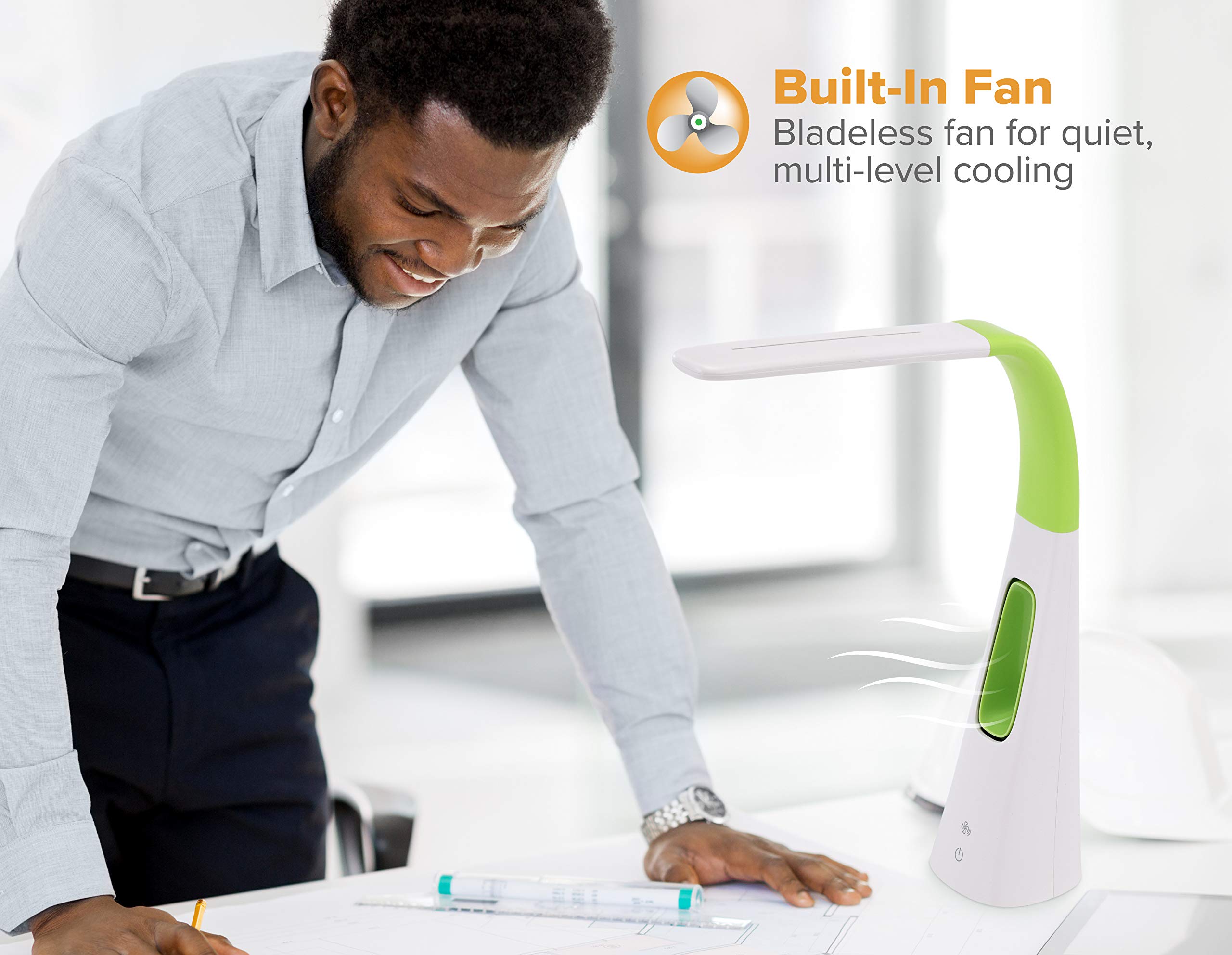 Pureoptics Led Vled1603Lm Desk Lamp With Bladeless Fan, Dimmable, Adjustable Neck, Lime Green