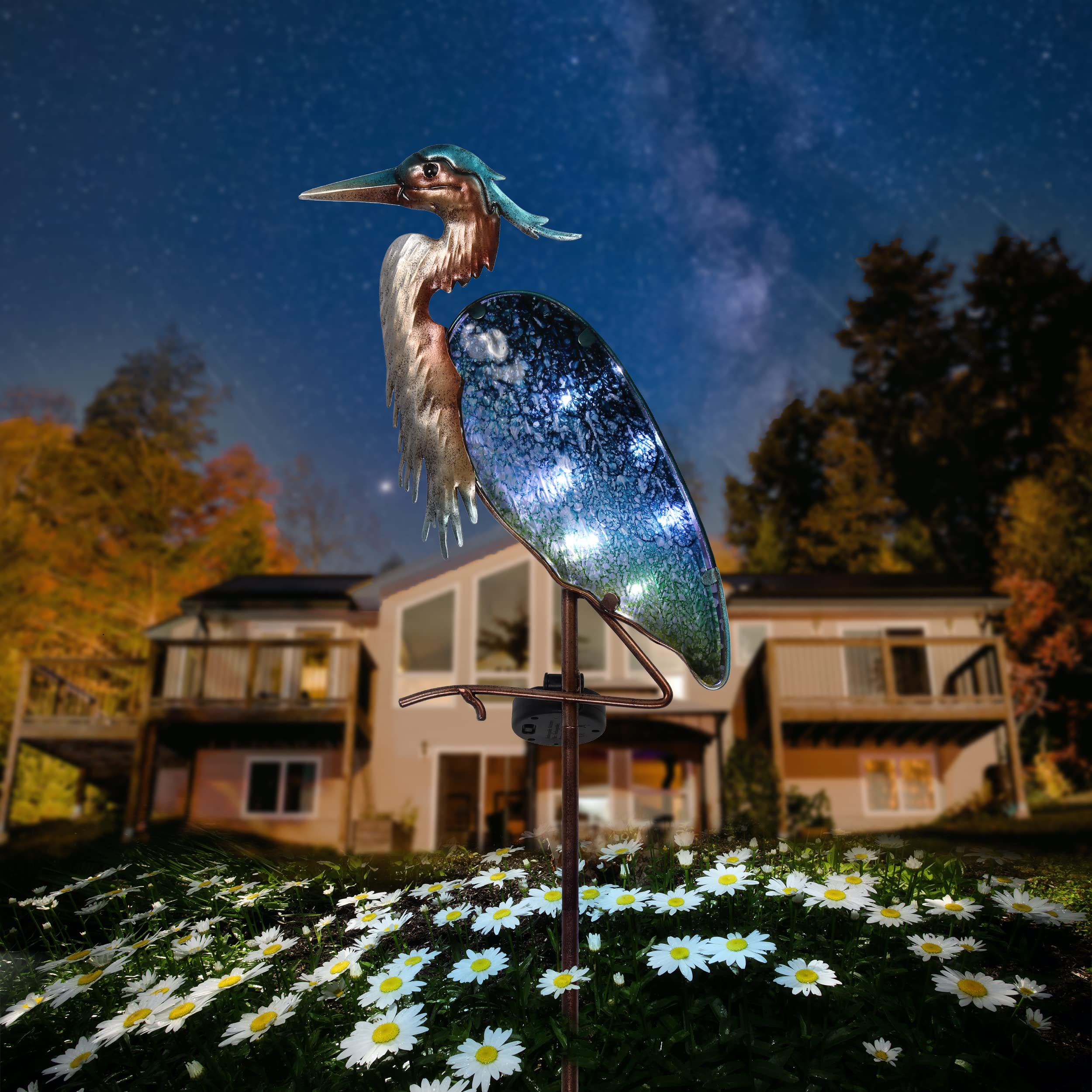 Teresa'S Collections Blue Heron Solar Lights - 42&quot; Glass Garden Decor For Outdoor Yard Art