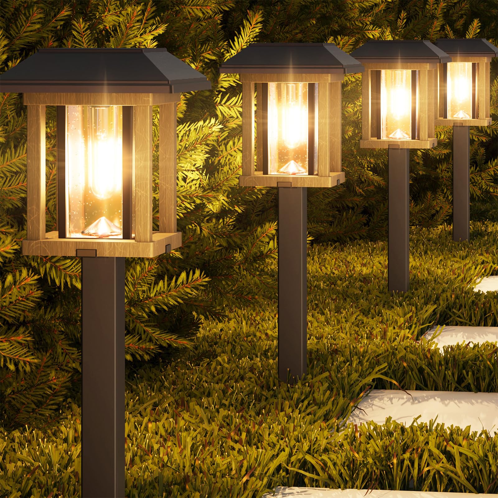 XMCOSY+ Solar Pathway Lights Outdoor, 25 LM LED Garden Lights with Seed Glass, 2-Tone Bronze & Wood Colour, IP65 Waterproof Sola