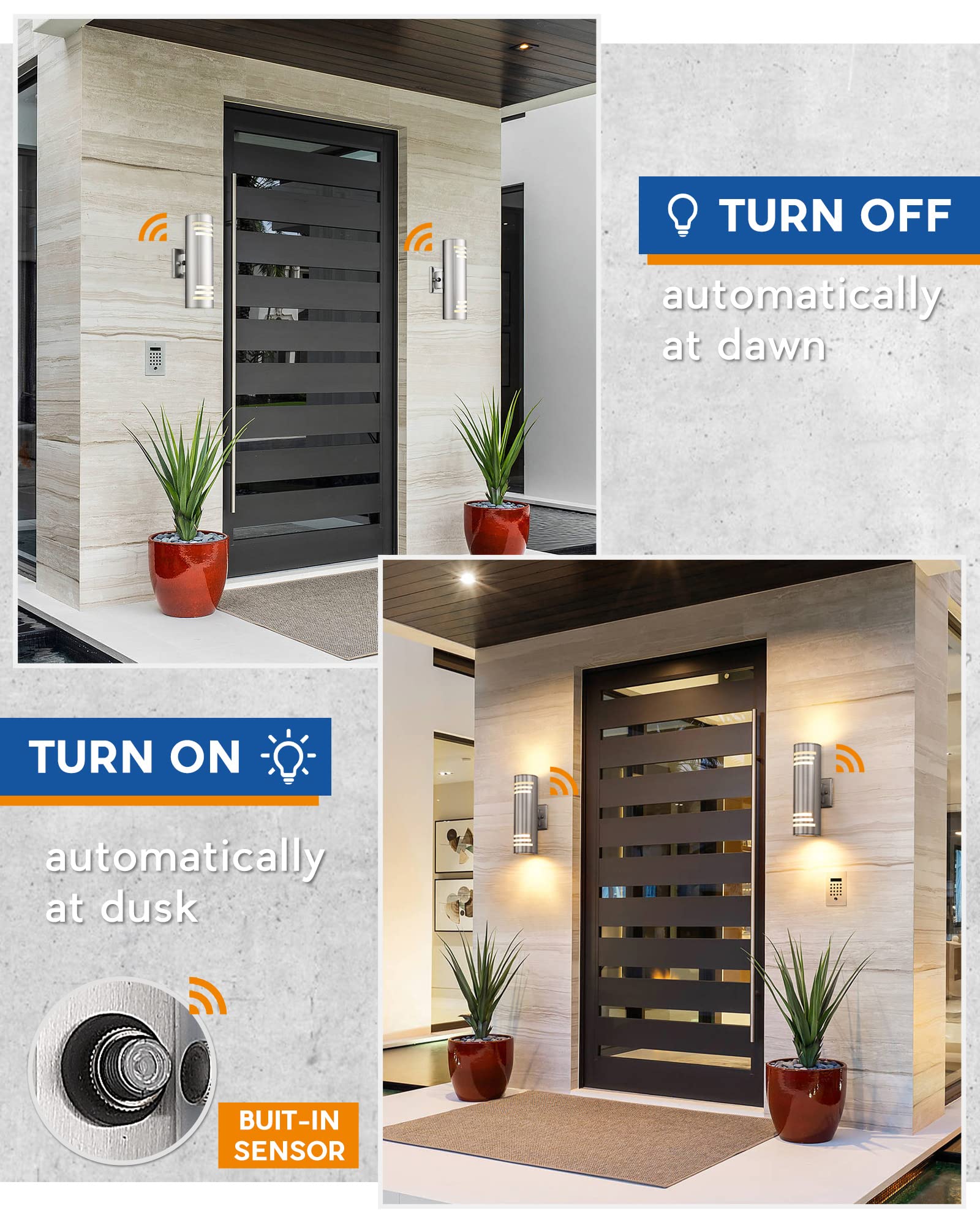 Tengxin Dusk To Dawn Outdoor Wall Lights,Exterior Wall Light Fixture With Stainless Steel Cylinder,Sensor Lights For Outside,Wat