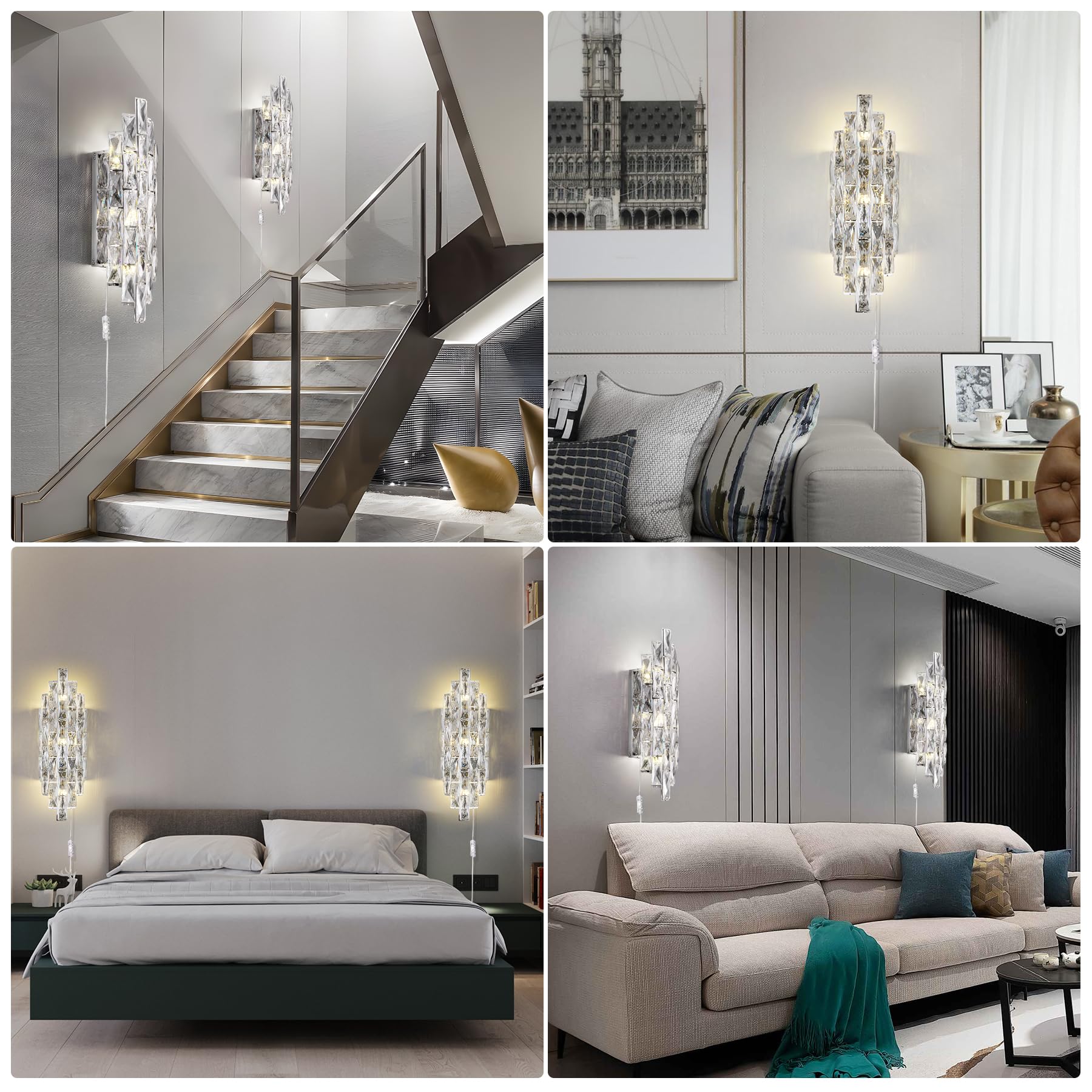 Kaiyuan Modern Crystal Wall Sconce - Chrome Plug-in Light Fixture for Bedroom, Living Room, Bathroom - BX-A10 Model