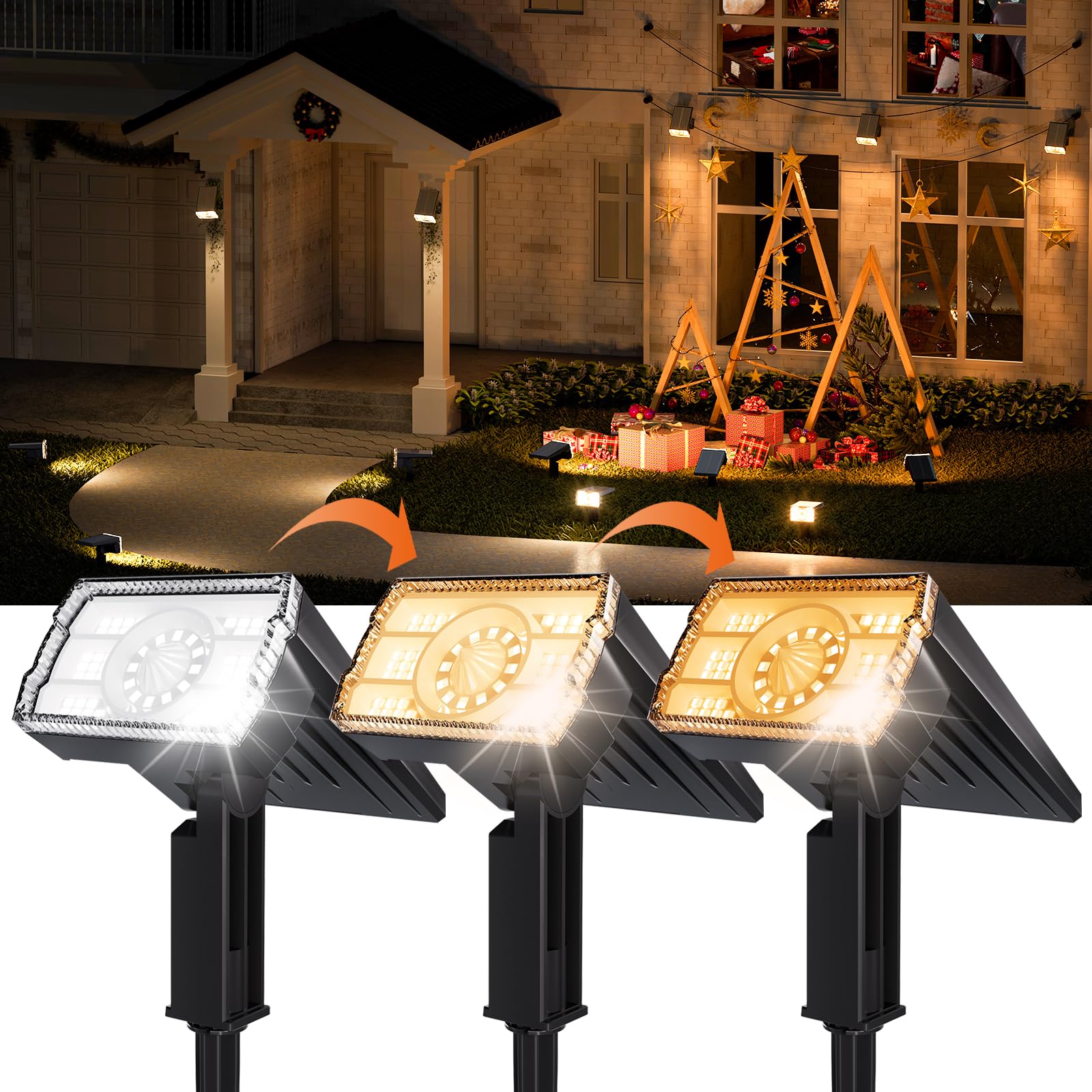 Solar Spotlights Outdoor Waterproof IP67,4 Pack Adjustable Wall&Ground Solar Lights Powered with 3 Colors, 3 Modes, Dusk to Dawn