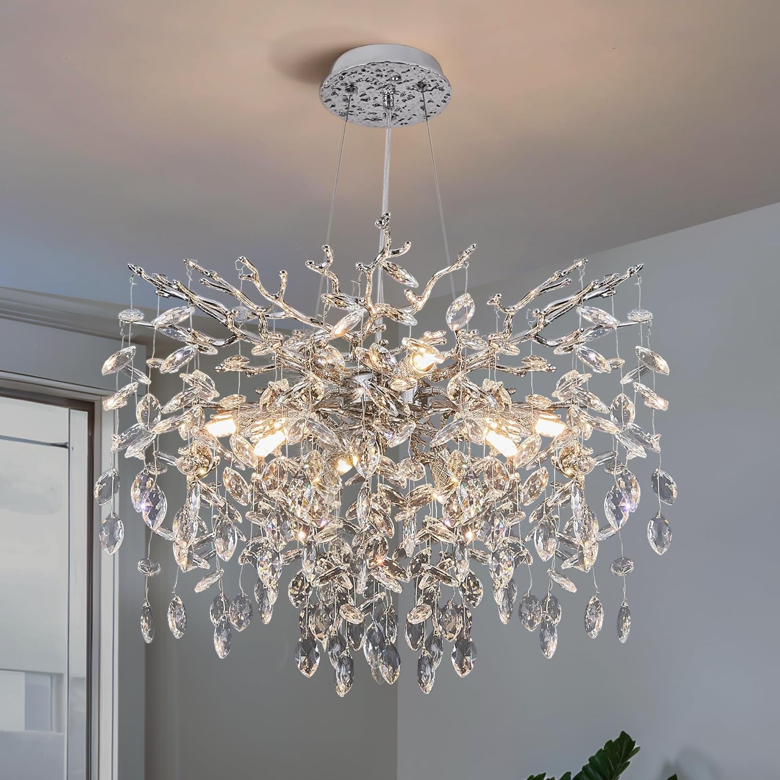 Yuyi Modern Crystal Chandelier 47'' Silver Tree Branch Chandelier For Dining Room, 18-Lights Round Raindrop Chandeliers For Livi