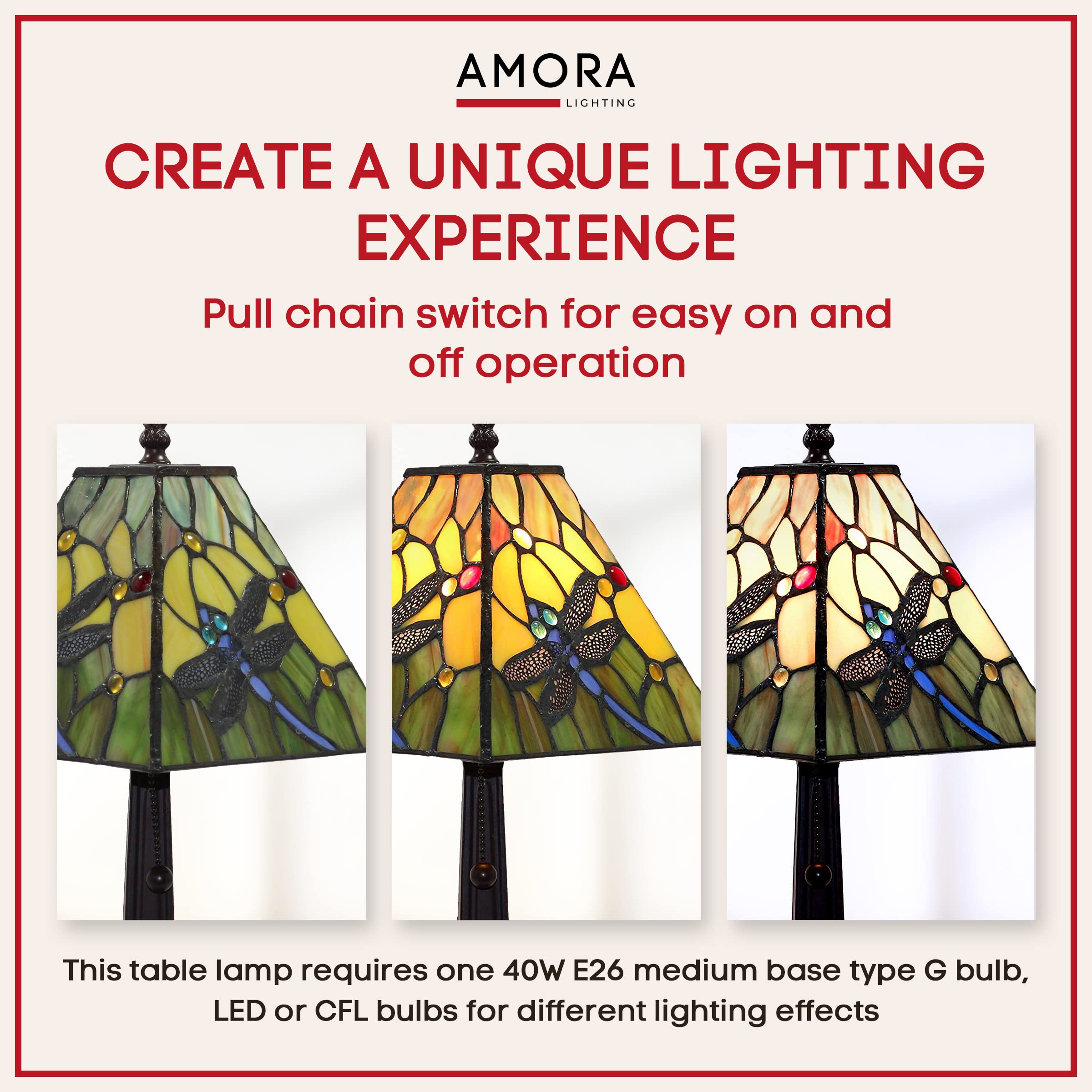 Amora Vintage Tiffany Table Lamp - Floral Blue Dragonfly Table Night Light - Yellow And Green Glass Nightstand Lamp - 15  Tall Stained Glass Lamp