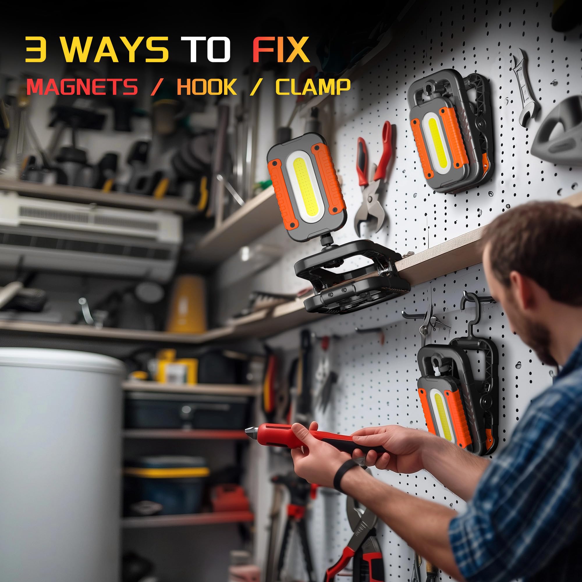 Molrebe Rechargeable Work Light With Clamp, 3000Lm Clip On Lamp With Magnet, Hook, Telescopic Stand, 360? Rotatable Portable Led