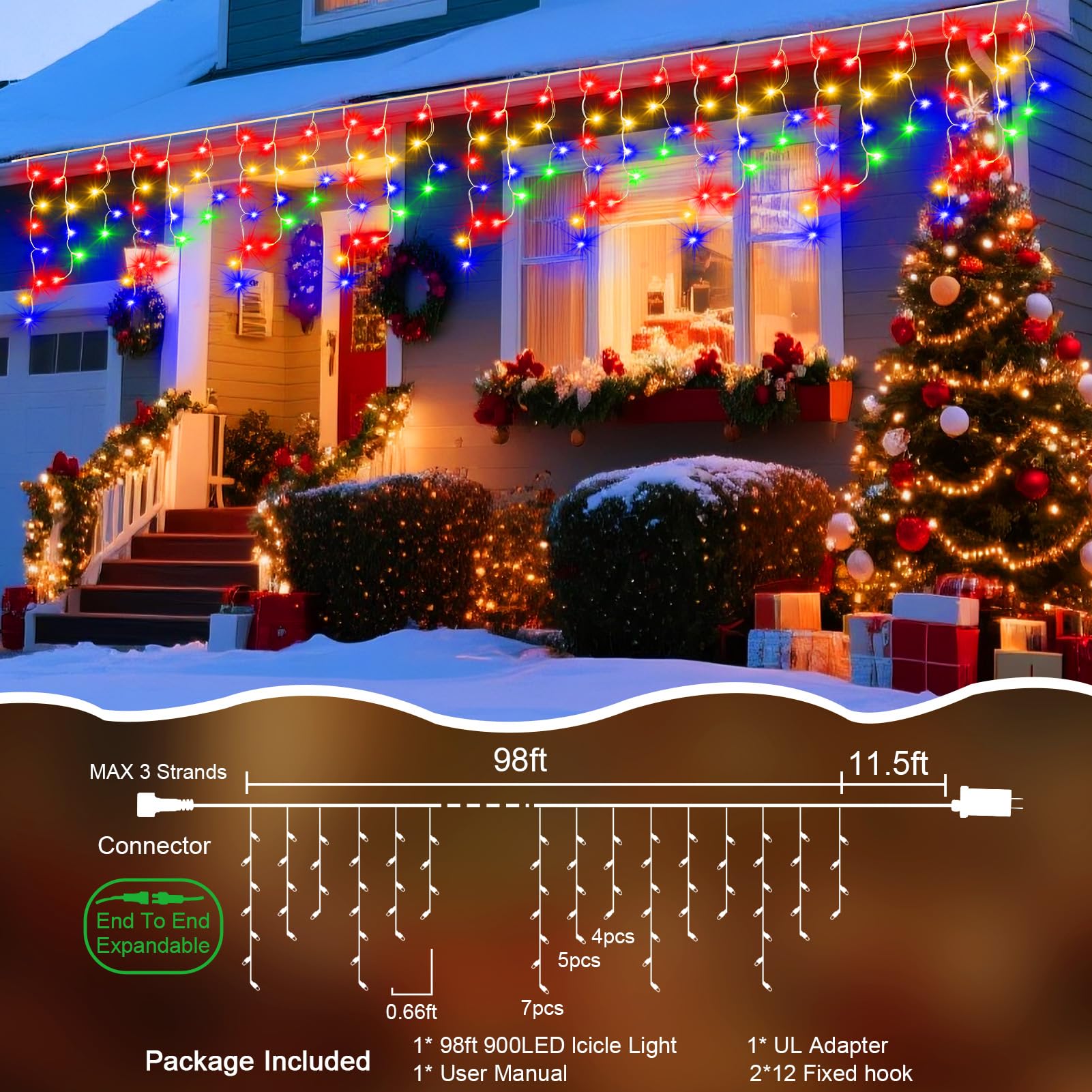 Jdgjyds 98 Ft Ice Light For Outside  900 Led Christmas Lights Outdoor Plug In  Christmas Ice Lighting With 8 Modes & Timer For Holiday  Party  Wedding  House  Patio  Outdoor Decor(Multicolor)