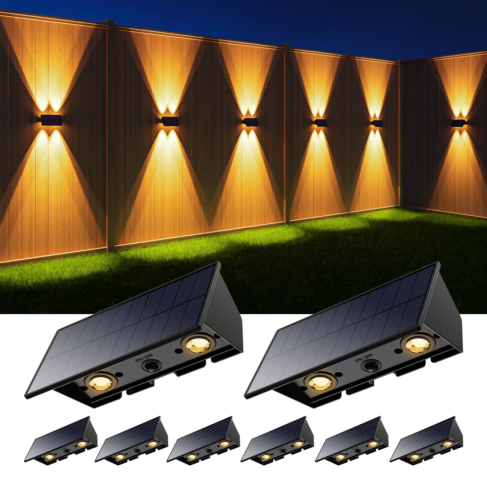 8 Pack Solar Powered Fence Lights Outdoor Up and Down Wall Mount LED Decorative Waterproof Lamps for Outside Deck, Porch, Backya