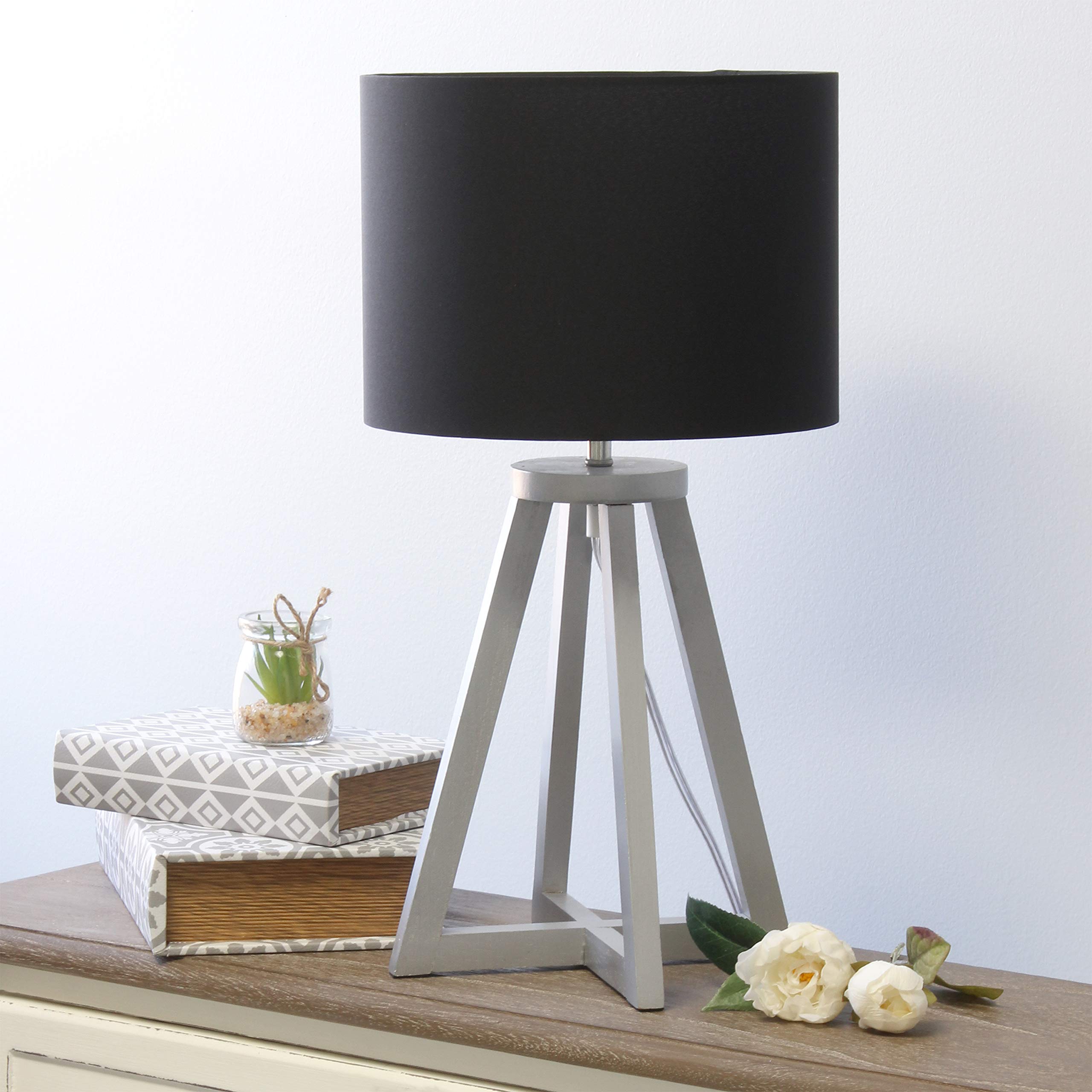 Simple Designs LT1069-GYB Table Lamp, Triangular Wood Fabric Shade, Gray/Black, 9.88"D x 9.88"W x 19.13"H