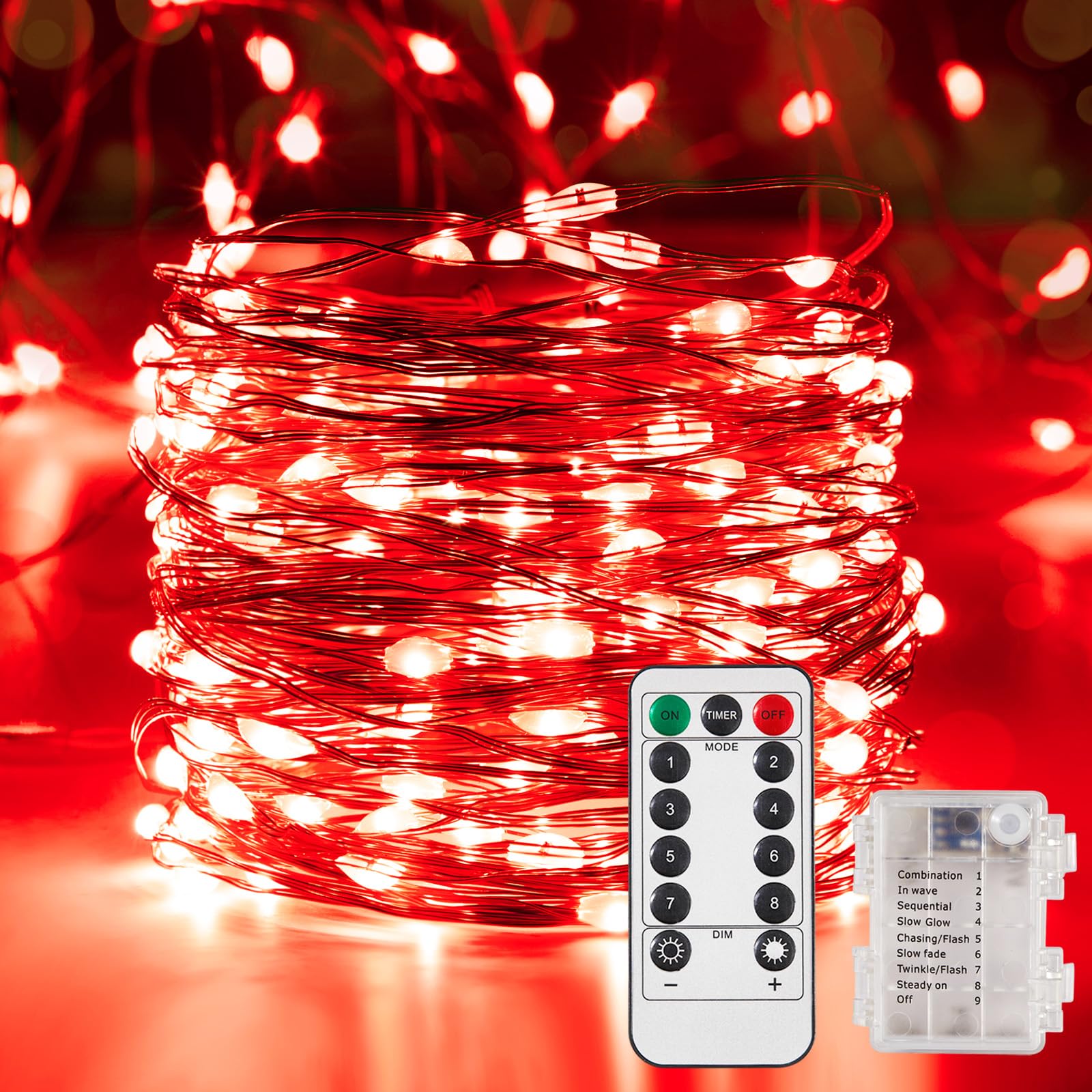 Ariceleo 4 Pack 32.8 Ft. Battery Operated Outdoor String Lights with Remote & Timer  LED Red Fairy Lights  Waterproof Twinkle Lights for Bedroom  Dorm  Mason Jar  Wedding  Party  Christmas