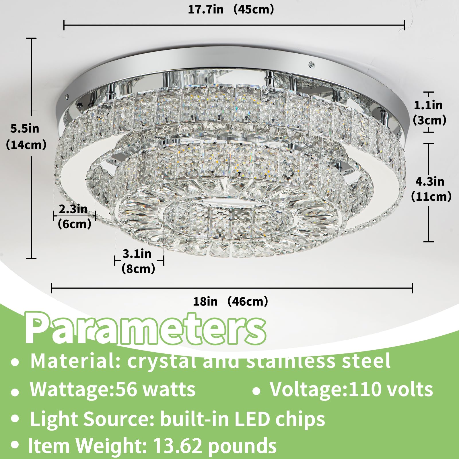 HOPGGIE Crystal Chandelier LED Light Fixture 18 Inch Dimmable 2 Tier Flush Mount for Living Room Bedroom Dining Room