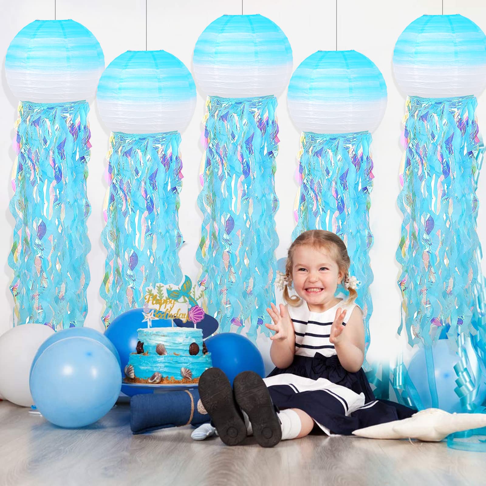 Adlkgg Hanging Jelly Fish Paper Lanterns, Gradient Colorful Blue Paper Lanterns For Mermaid Theme Party Under The Sea Ocean Birt