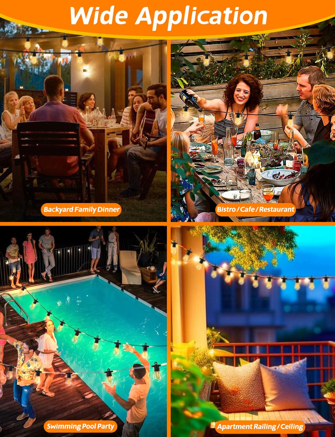 Achin 26Ft Led Outdoor String Lights, Patio Lights Waterproof With 13+1 S14 Edison Shatterproof Bulbs, 2200K Dimmable Outside Ha