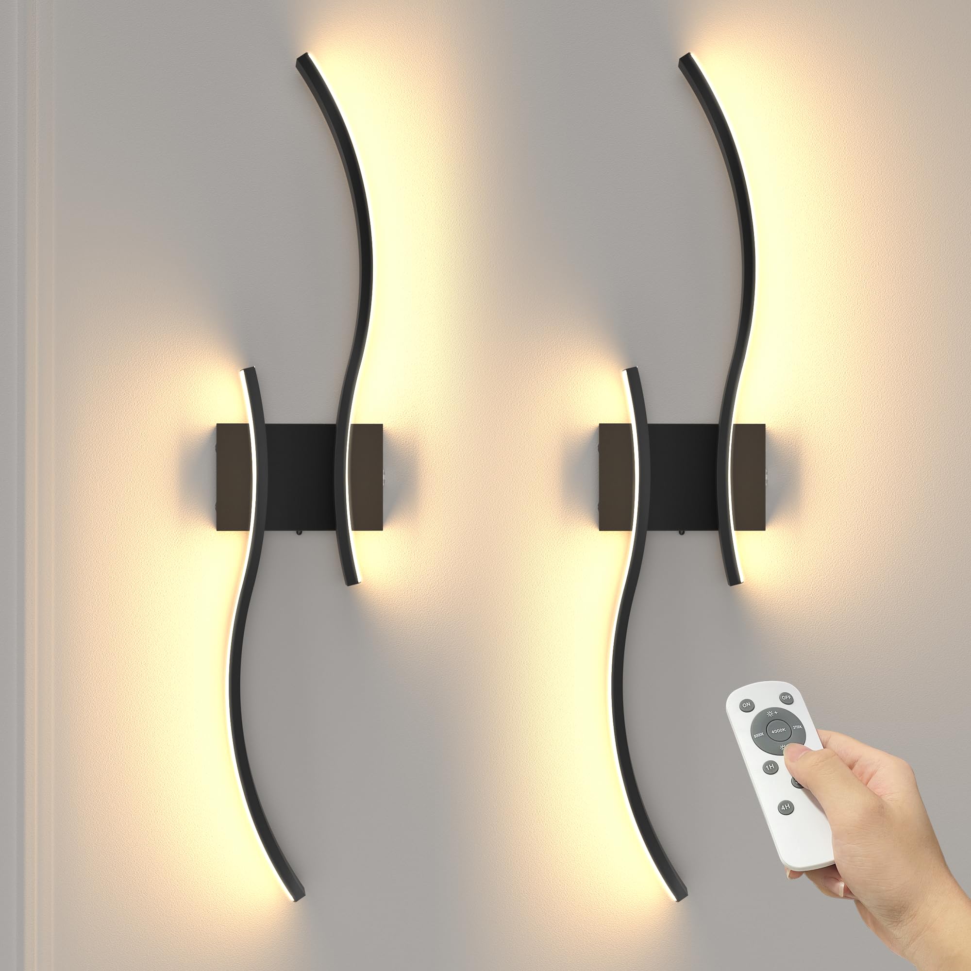 NIORSUN 27.6 Inch Battery Operated Wall Sconce Set of 2  Black Modern Rechargeable Wall Lights with Remote  3CCT Dimmable Wireless Wall Lamp for Living Room Bedroom Hallway