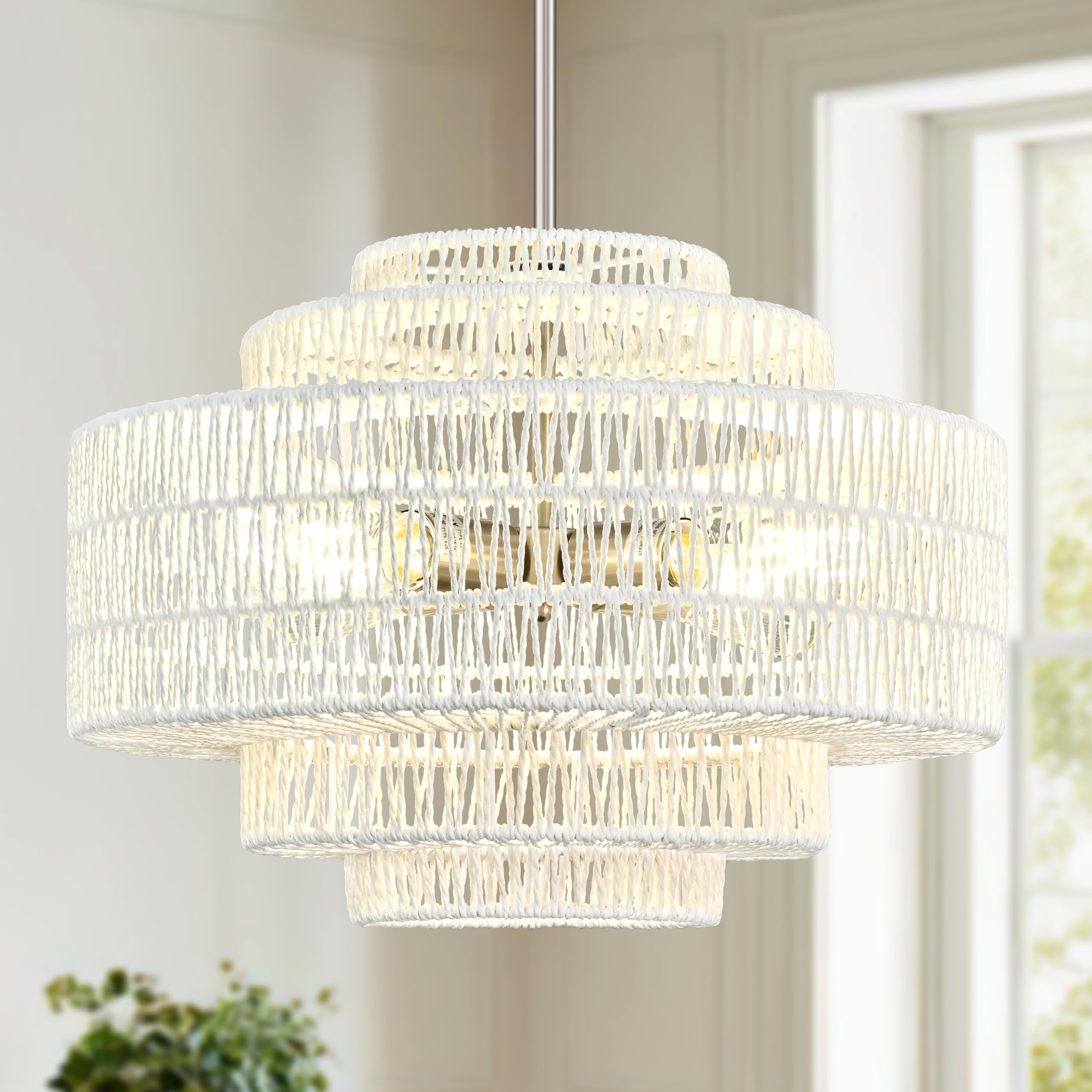 AyshwillDec 18 4-Light White Rattan Chandelier Woven Rattan Pendant Light Boho Wicker Pendant Lighting Fixture Farmhouse Chandel