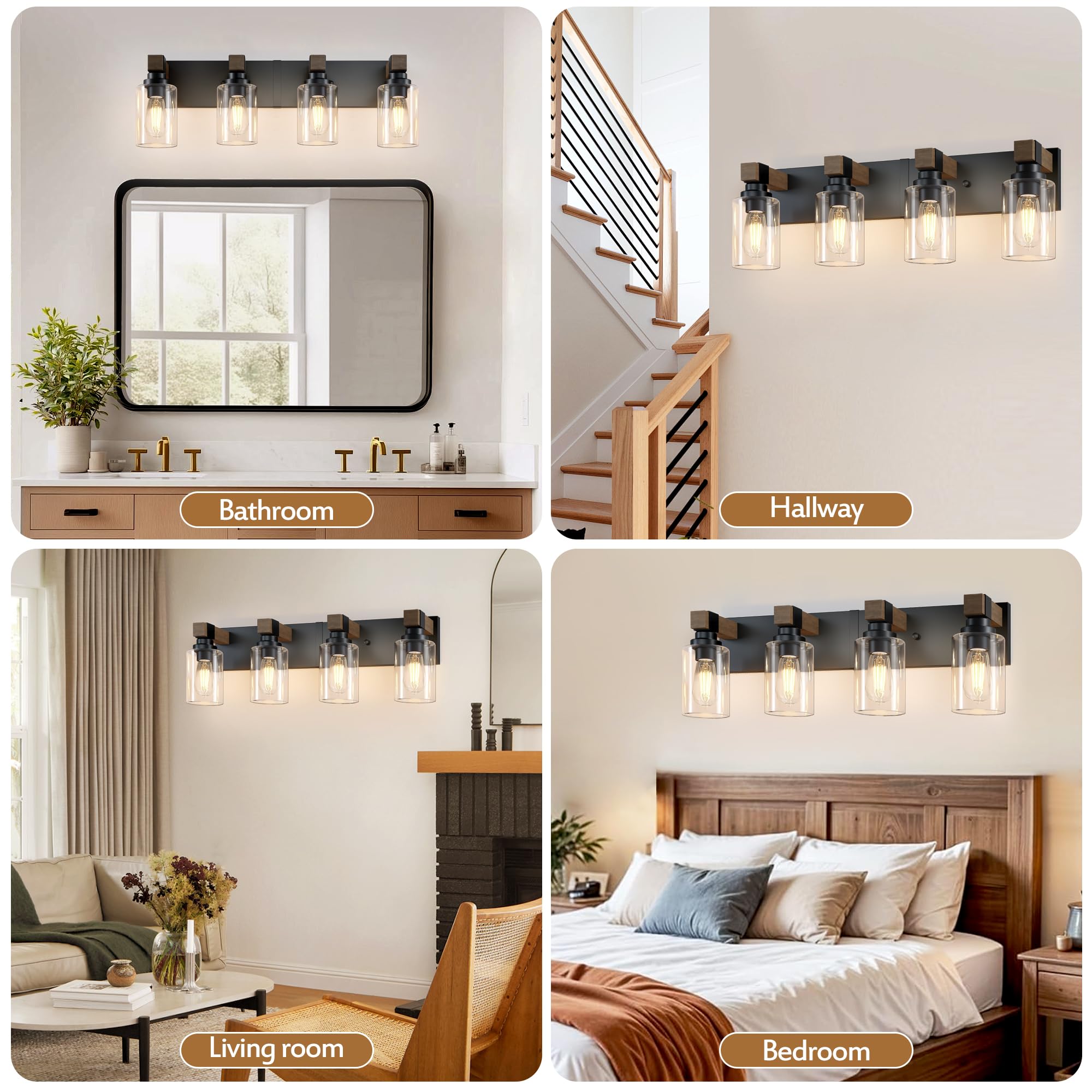 DvmTeom Farmhouse Bathroom Vanity Light - Rustic 4-Light Black & Wood Sconces with Glass Shade, Model D6005