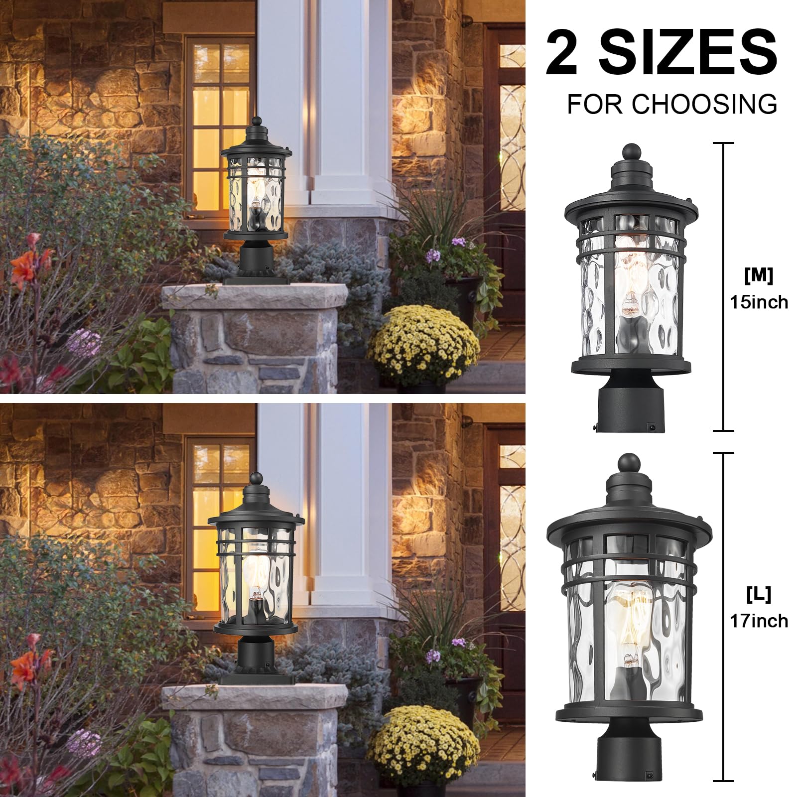 Darkaway Aluminum Outdoor Post Lights, Water Ripple Glass, Medium 2-Pack, Black, Model 6X20P-2PK BK+WG