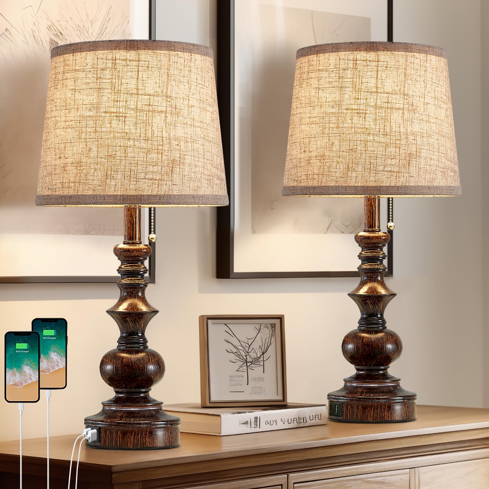 Drawealth 22'' Farmhouse Bedside Table Lamps Set of 2 for Bedroom Nightstand Lamps with USB A+C Charging Ports Traditional Small