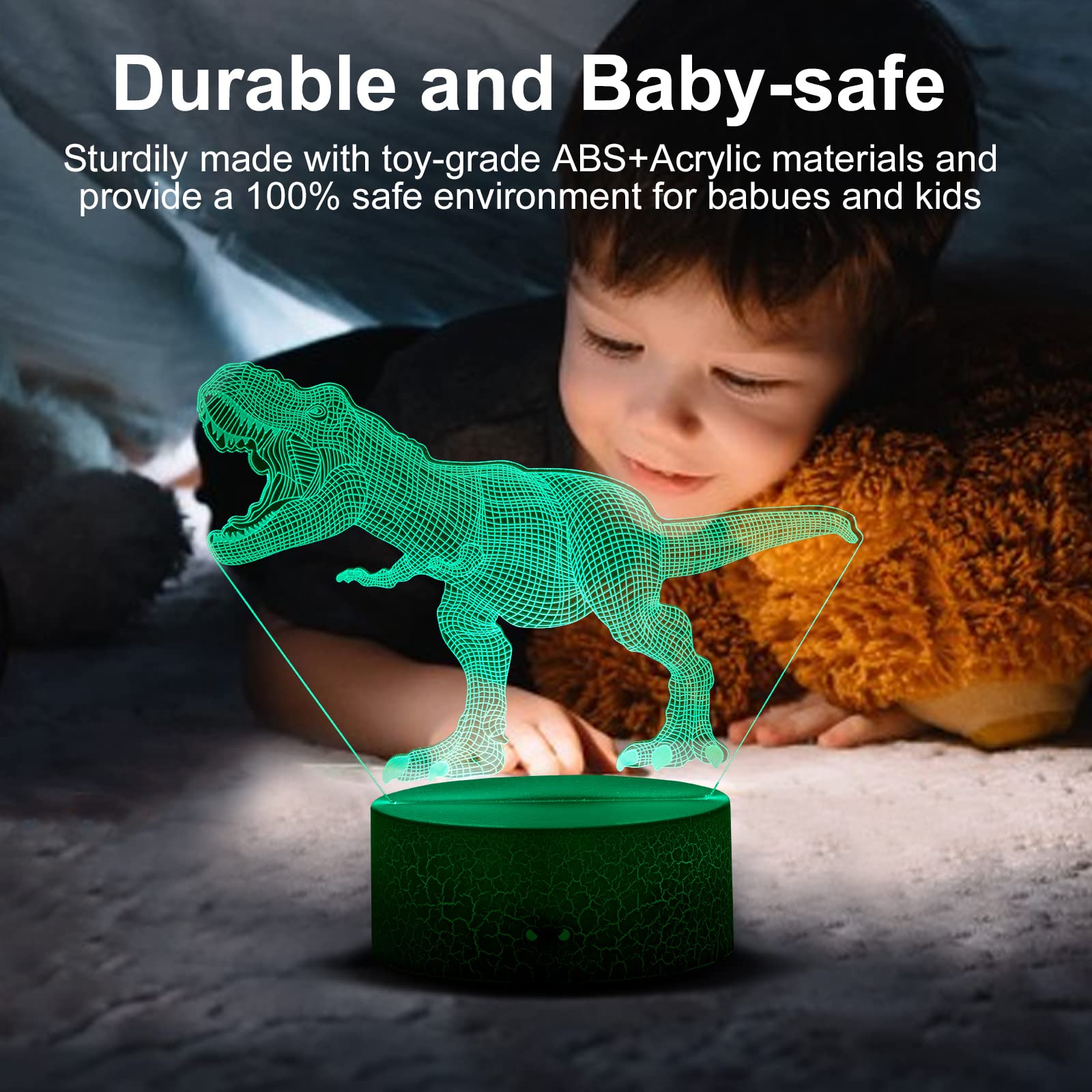 Aolalow Dinosaur Night Light For Boys, Dinosaur Lamp, Dinosaur Light, Dinosaur Toys, Dino Lamp,3D Illusion Night Lamp, Led Table Lamp With Touch Sensor And 7 Colors Change.