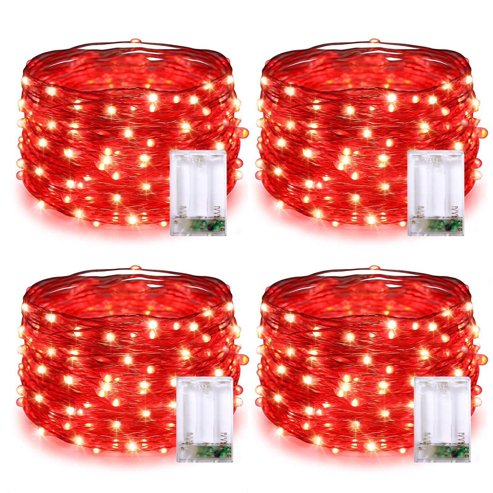 JMEXSUSS 4 Pack 50 LED Red Fairy Lights Battery Operated, 16.1ft Halloween Fairy Lights, Red String Lights for Bedroom Wedding P