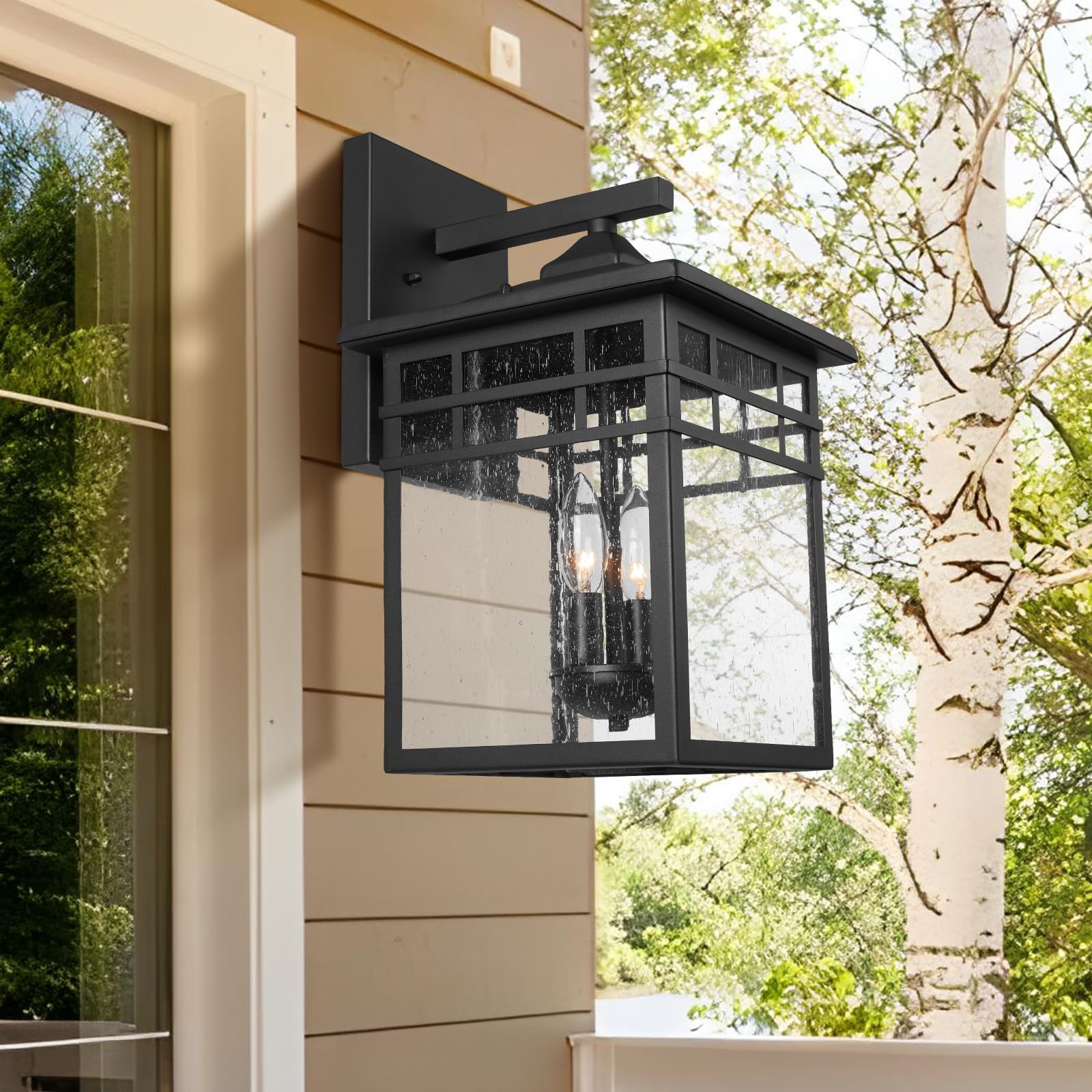 Diyel Outdoor Light Fixture Wall Mount, Black Exterior Light Fixture Wall Sconces With Seeded Glass For Front Porch, Large Water