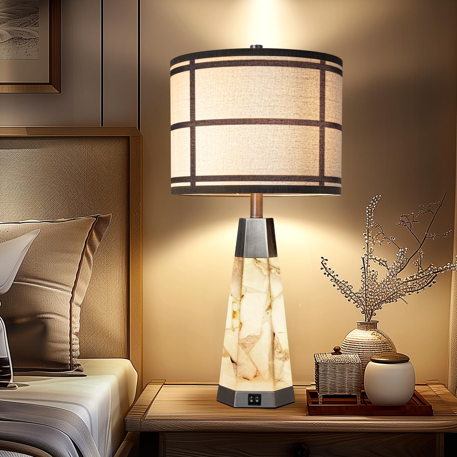 Kivditzo Natural Alabaster Table Lamps Set Of 2 With Usb Ports, Bulbs Included, Bronze